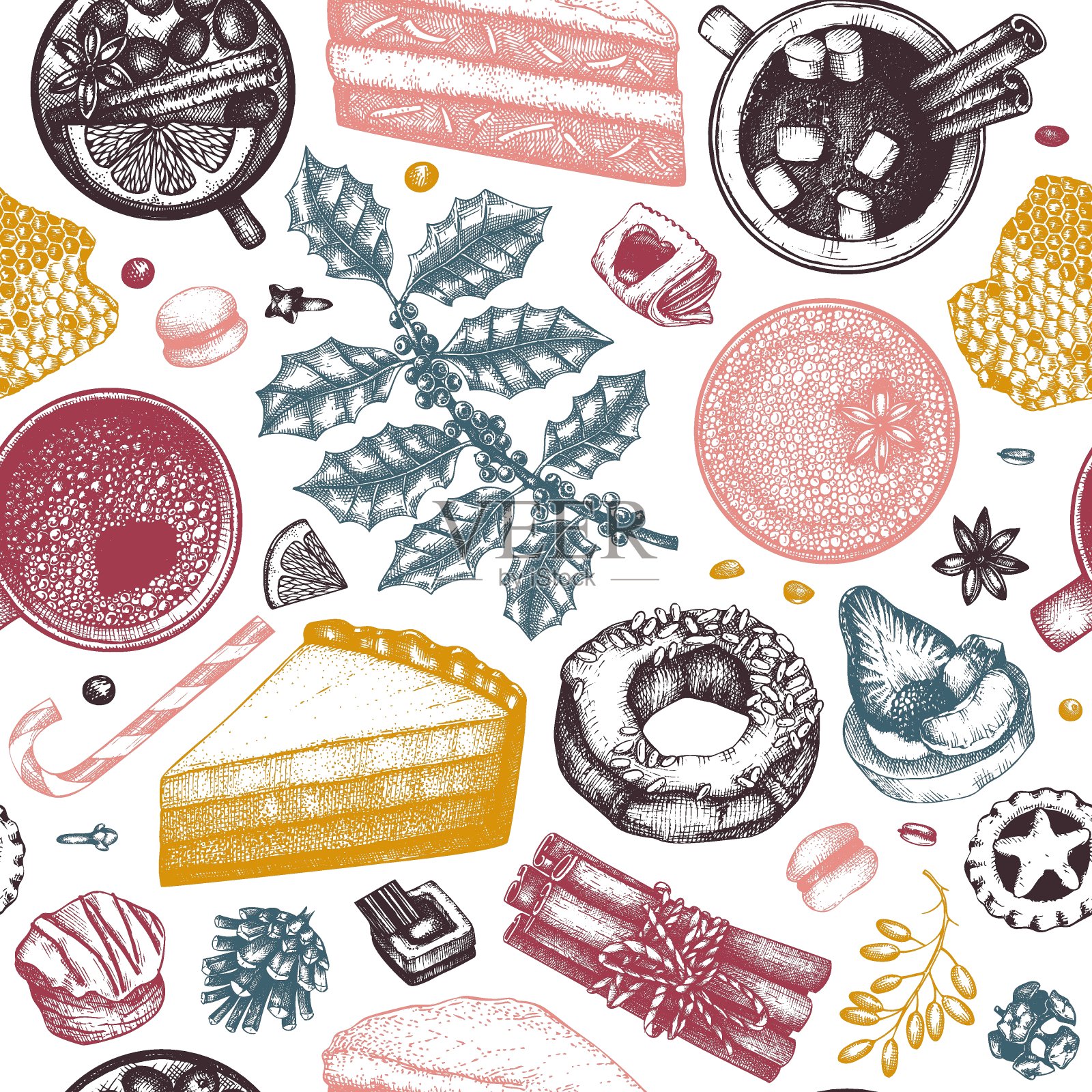 冬季甜点和热腾腾的季节性饮料背景。插画图片素材