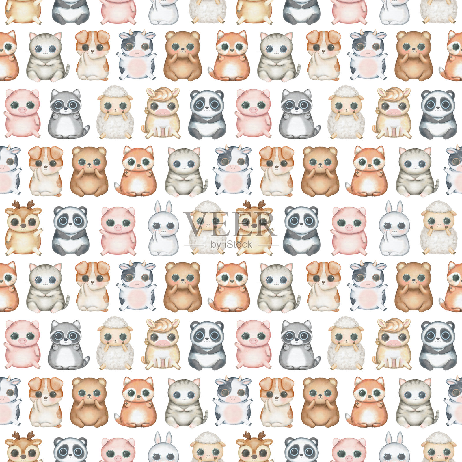水彩无缝图案与可爱的卡通动物插画图片素材