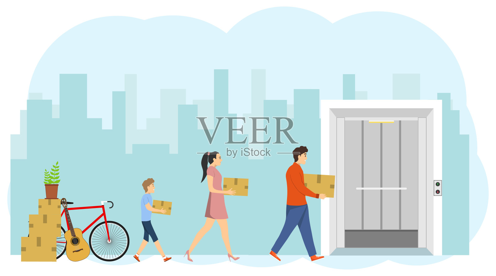 一个快乐的大家庭搬到新家。爸爸、妈妈和小儿子在电梯里提着装着东西的箱子。获得新住房。搬迁。矢量插图。向量。插画图片素材