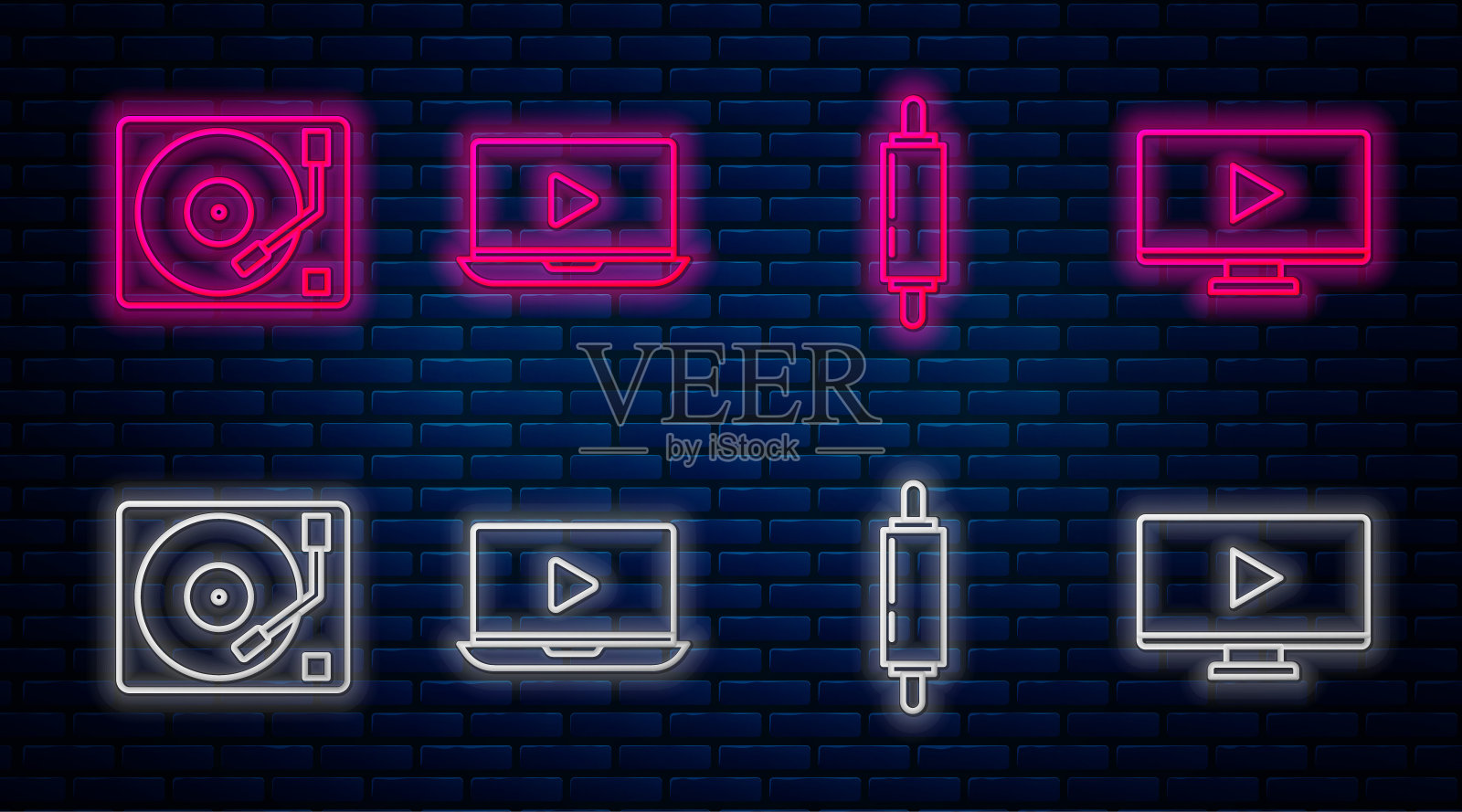 设置在线播放视频、擀面杖、带光盘的乙烯基播放器和在线播放视频。砖墙上发光的霓虹灯图标。向量插画图片素材