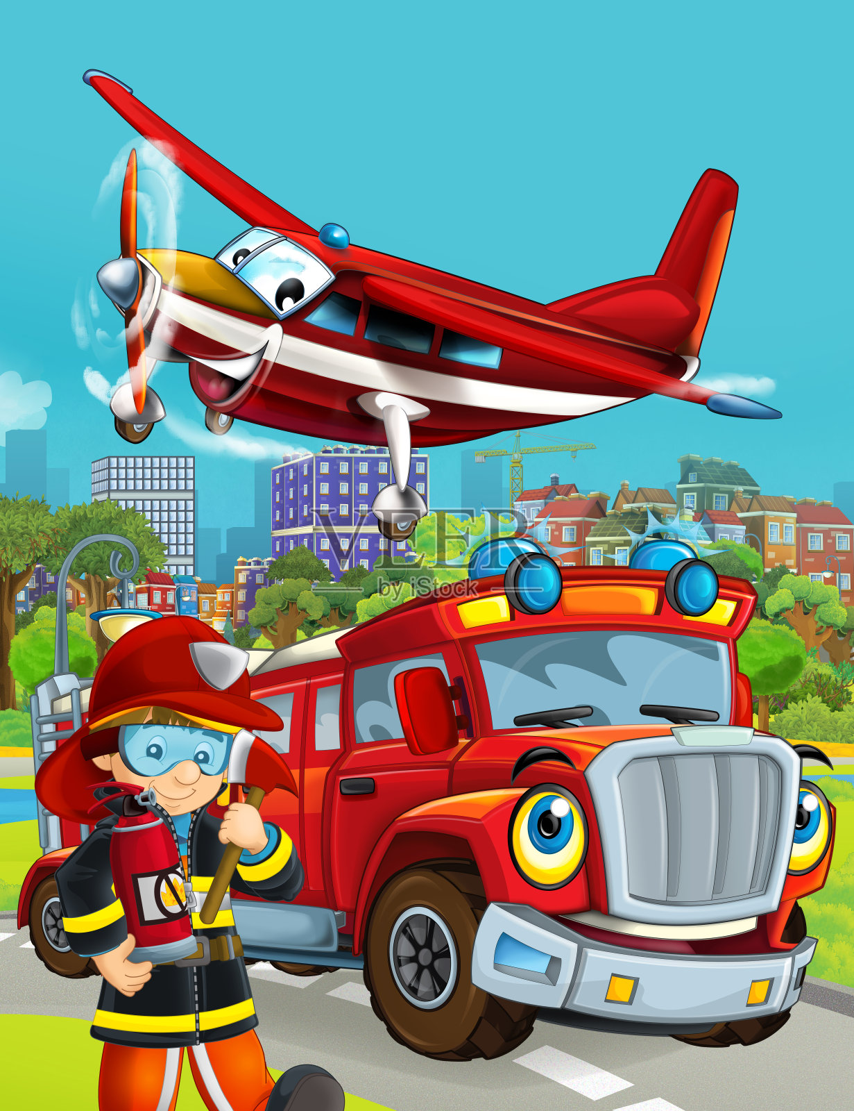卡通场景，消防车辆在道路上行驶穿过城市，飞机飞过，消防队员站在附近插画图片素材