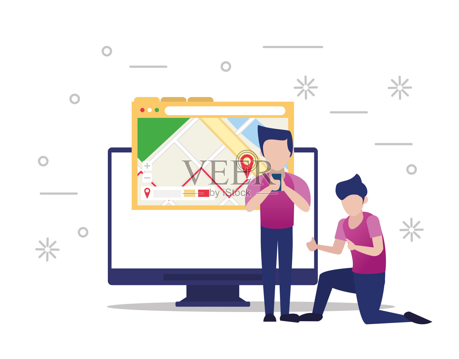 年轻男子使用智能手机和电脑上的GPS应用程序插画图片素材