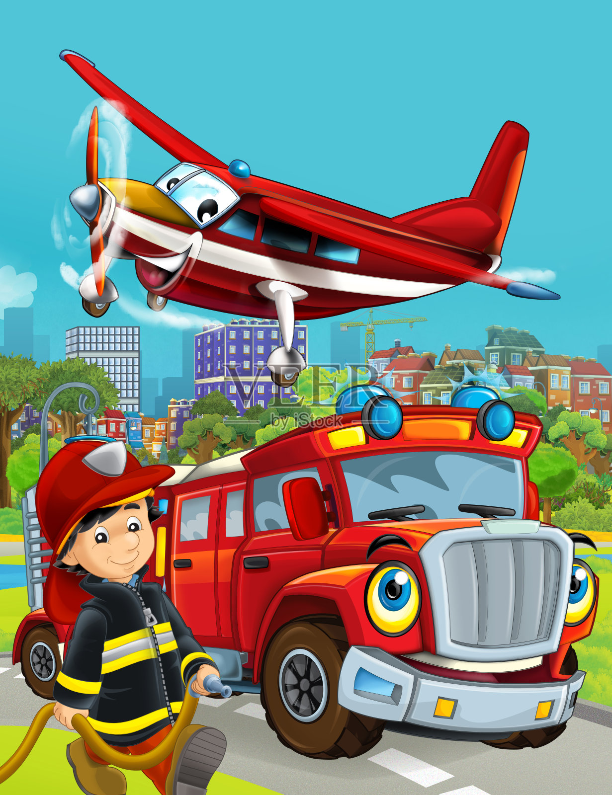卡通场景，消防车辆在道路上行驶穿过城市，飞机飞过，消防队员站在附近插画图片素材