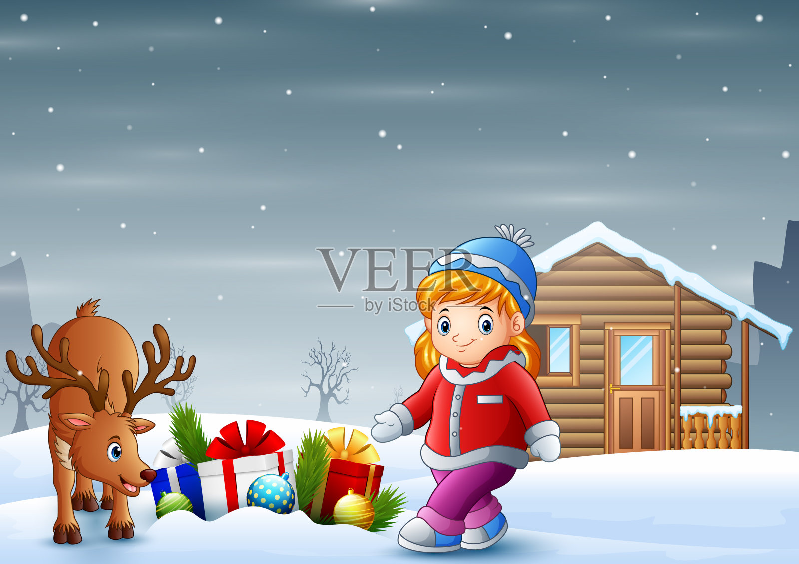 卡通小女孩和一只鹿在圣诞节插画图片素材