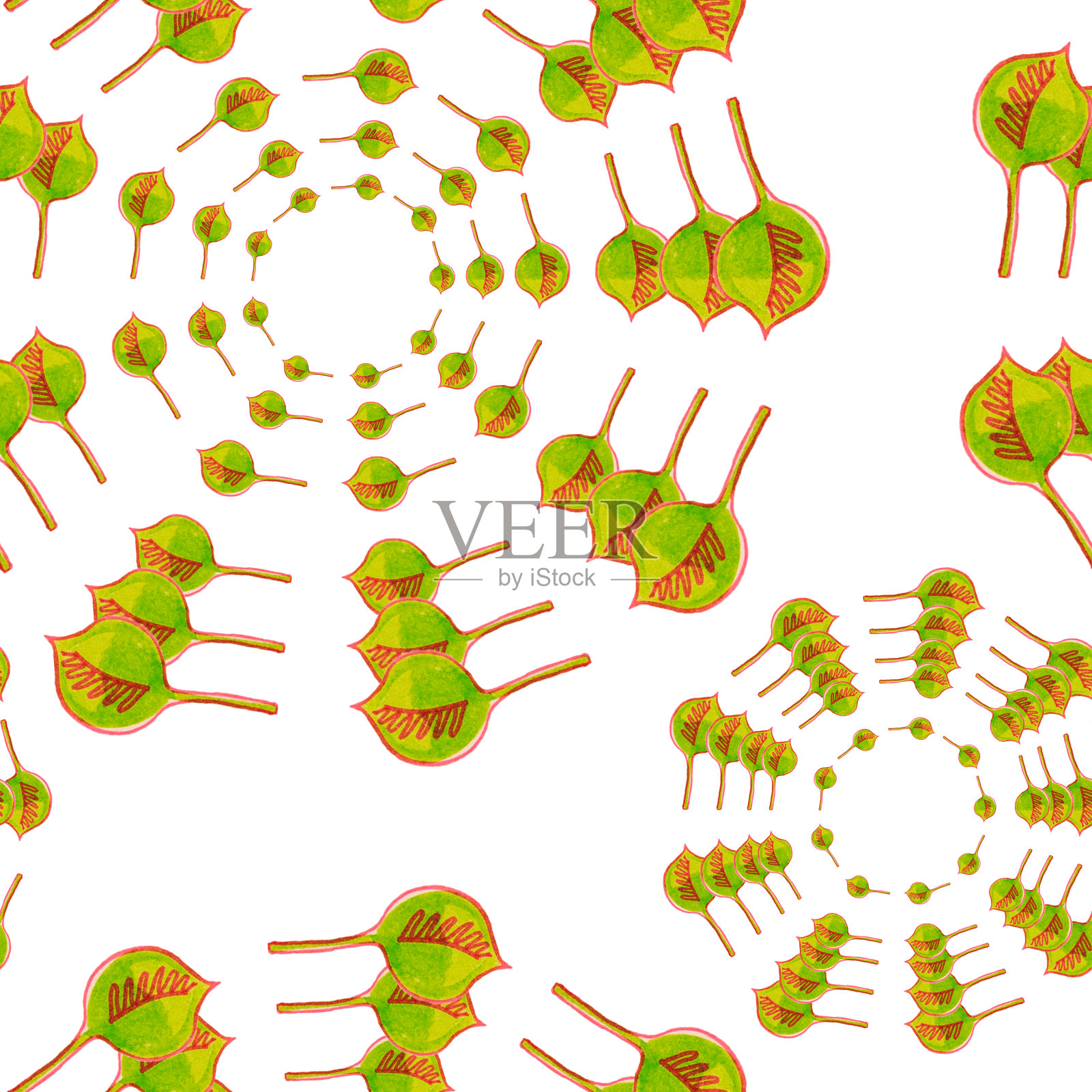 无缝图案的圆形形状的绿色树叶在涂鸦风格。插画图片素材