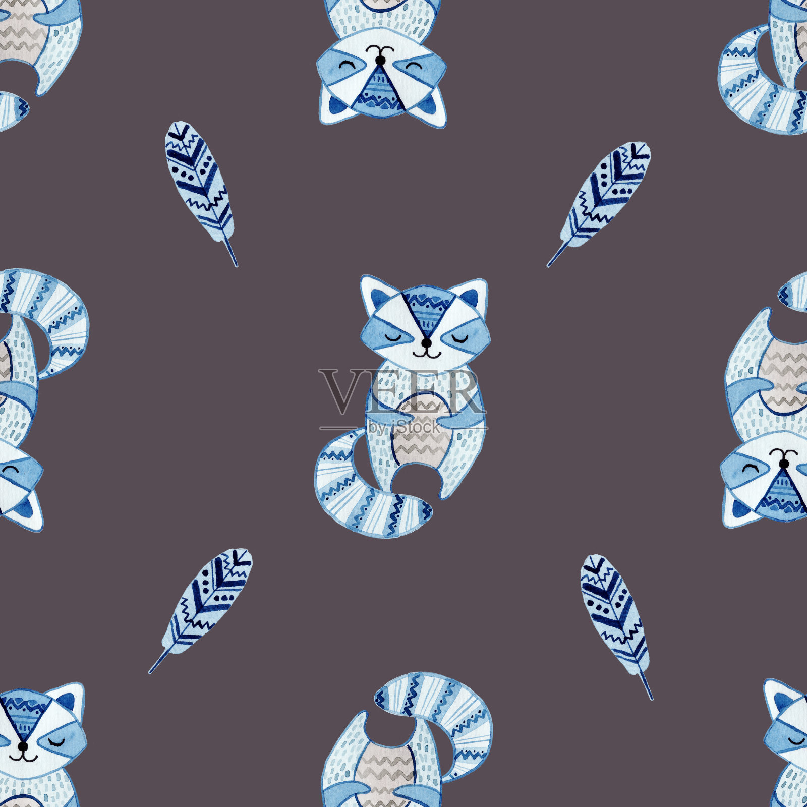 水彩无缝图案与可爱的卡通动物。手绘孤立在白色背景上。适合儿童设计，海报，壁纸，幼儿园，织物，纺织品。在北欧风格插画图片素材