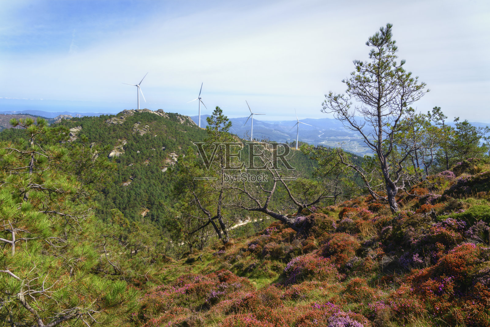 山顶上有风力涡轮机照片摄影图片