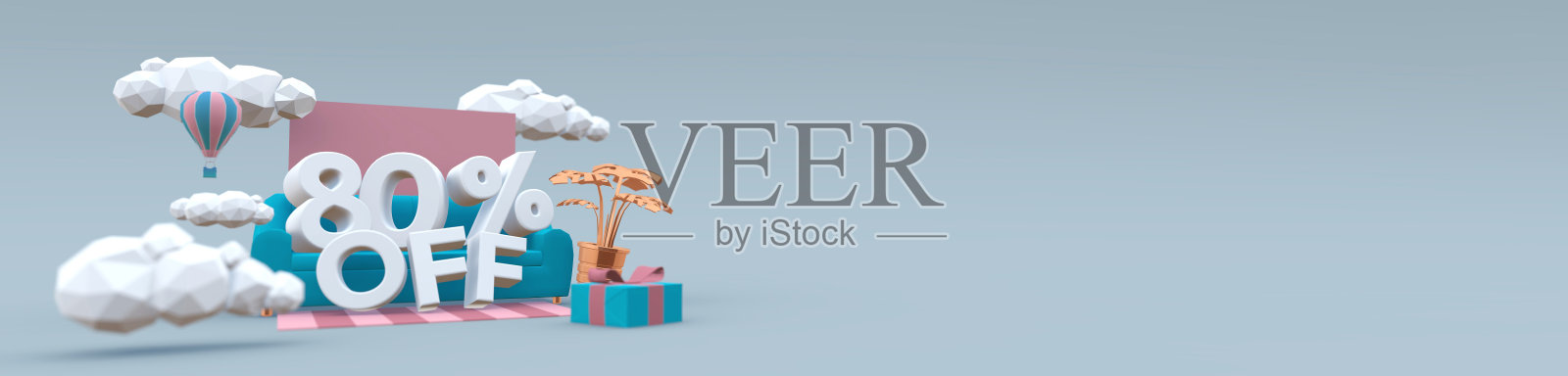 3D插图横幅在柔和的颜色与文字:80八折。间隙的概念。照片摄影图片