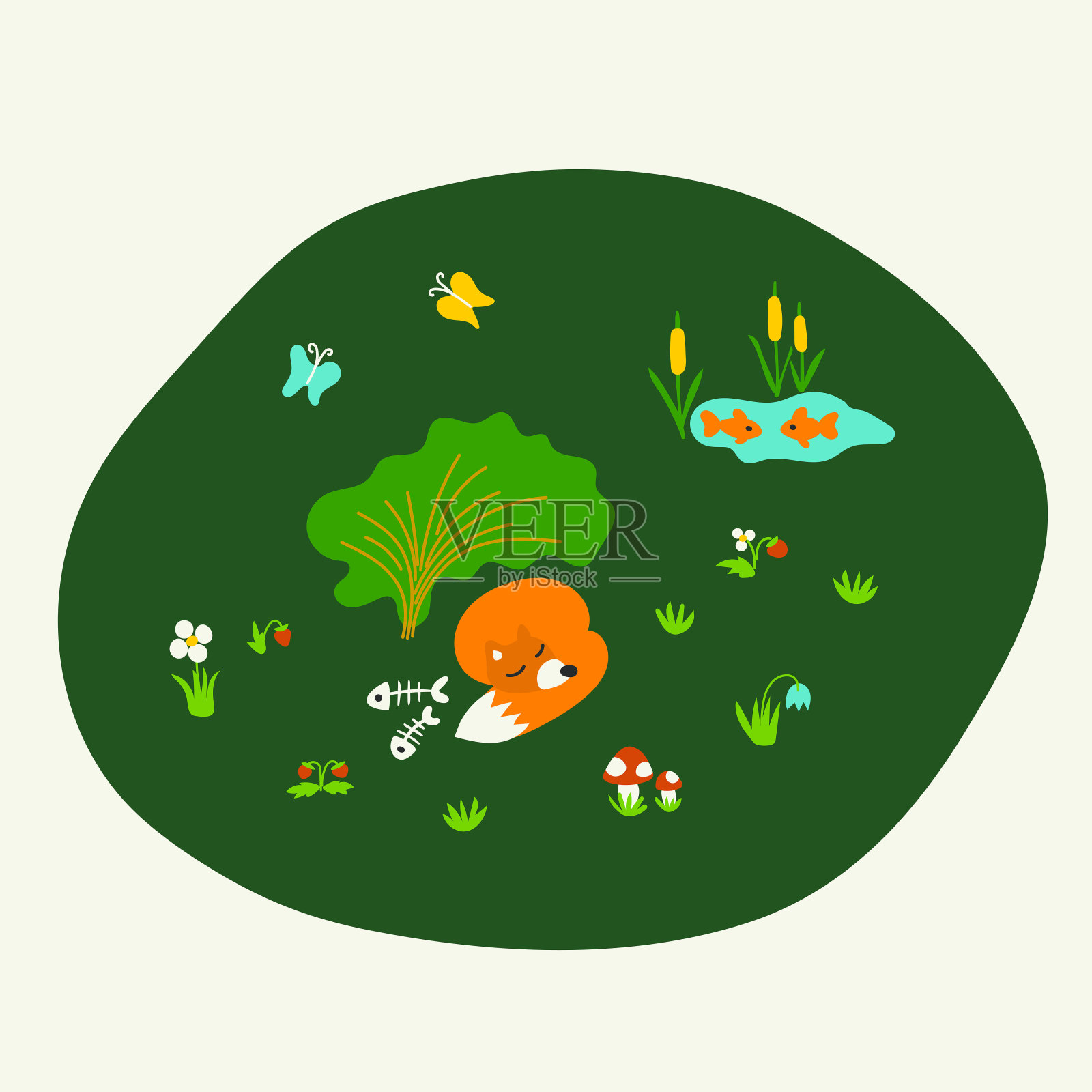 卡通熟睡的狐狸和湖里的鱼插画图片素材