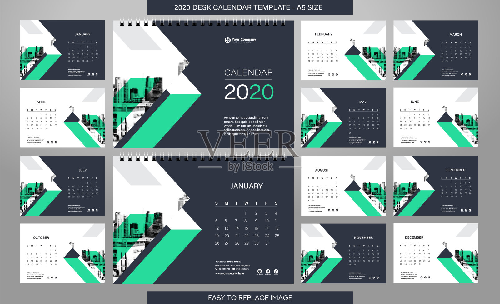 桌面日历2020模板- 12个月包括- A5大小设计模板素材