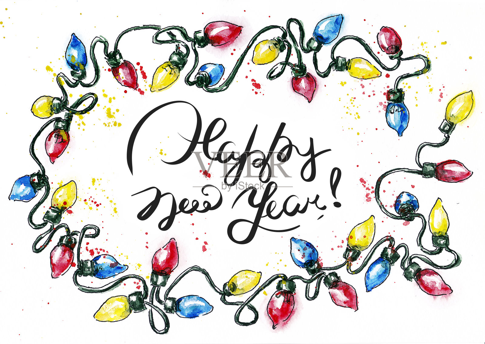 彩色花环的水彩圣诞贺卡插画图片素材