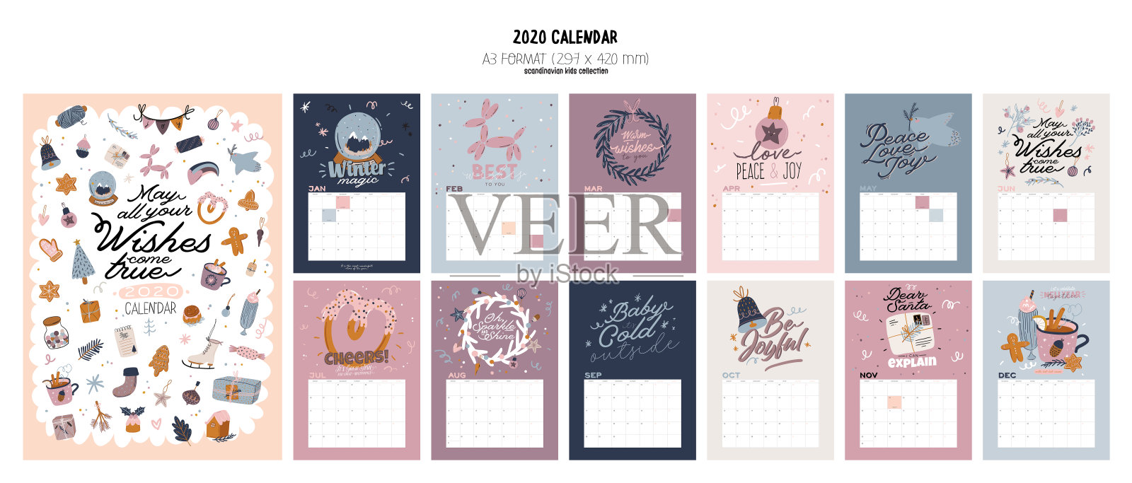 墙上的日历。2020年度计划与所有月。设计模板素材