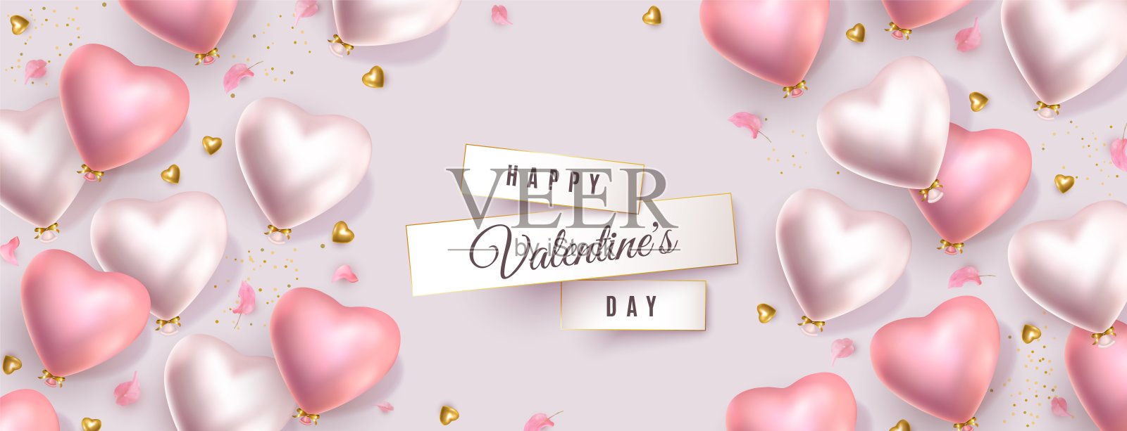 情人节横幅。3d粉色黄金银色心形气球，金色五彩纸屑，花瓣设计模板素材