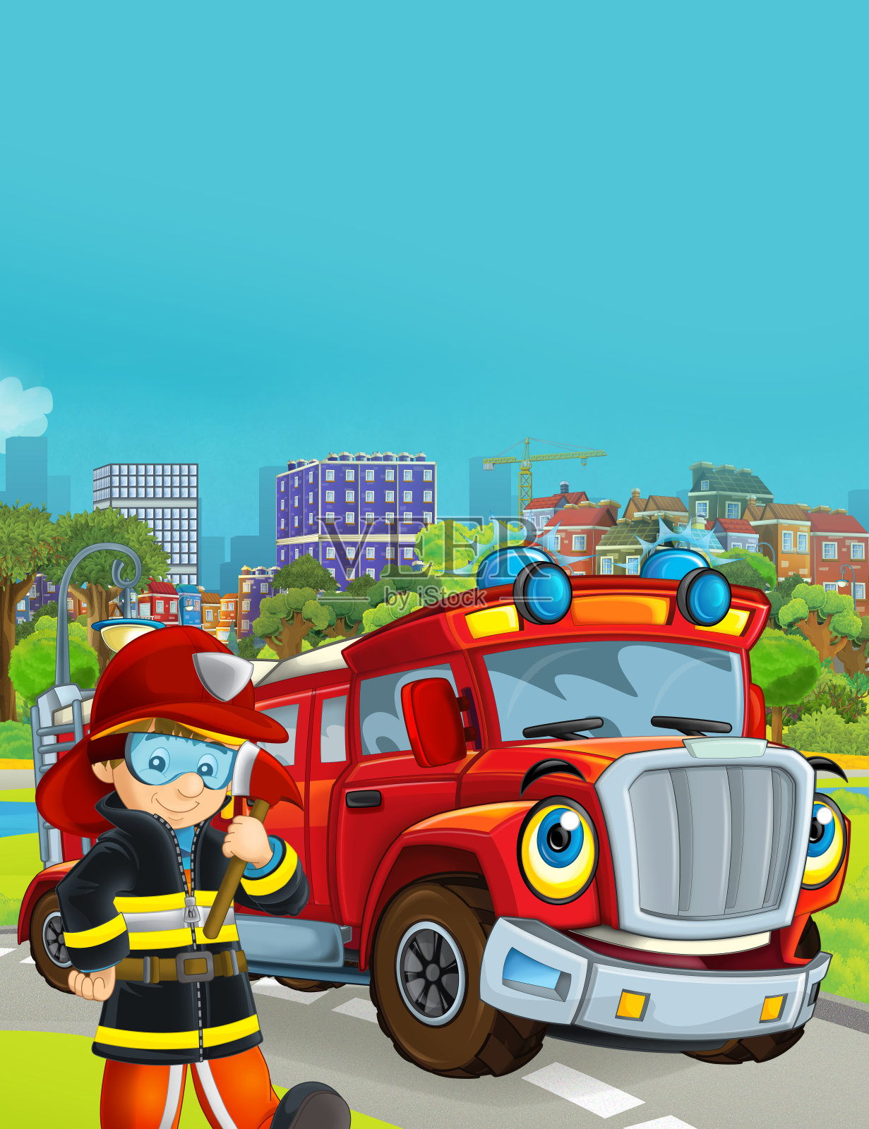 卡通场景中，消防员的车辆在道路上穿过城市，消防员站在旁边插画图片素材