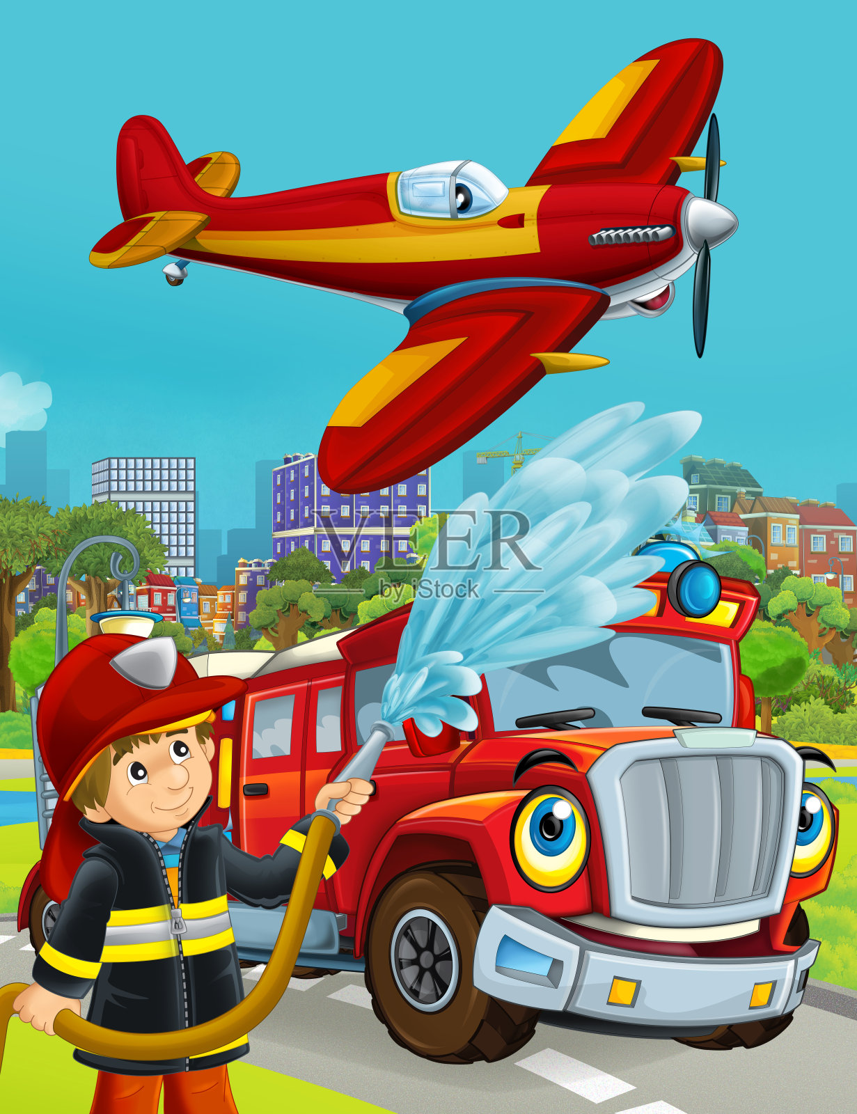 卡通场景，消防车辆在道路上行驶穿过城市，飞机飞过，消防队员站在附近插画图片素材