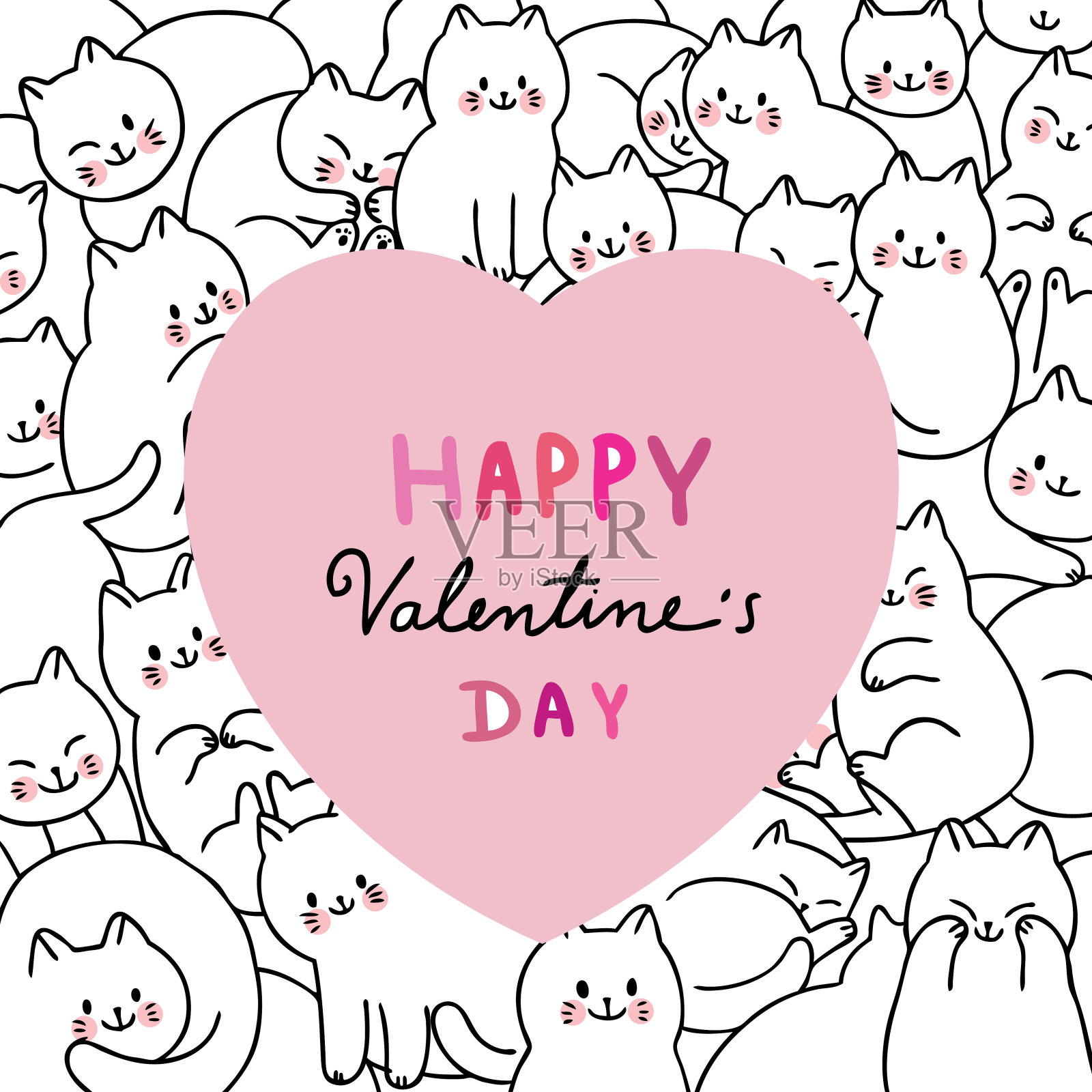 卡通可爱的情人节白猫和大心向量。插画图片素材