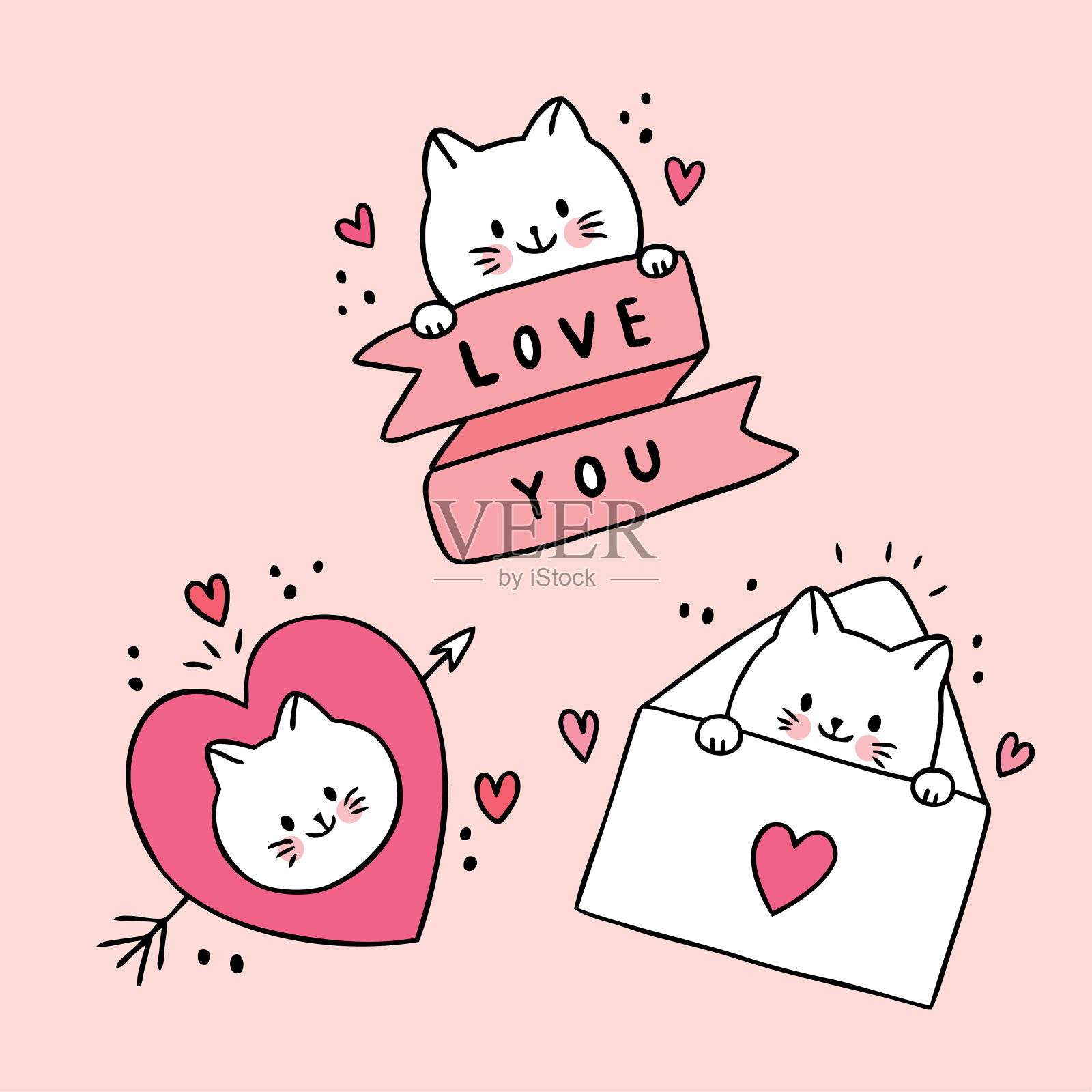 卡通可爱的情人节白猫和涂鸦爱向量。插画图片素材