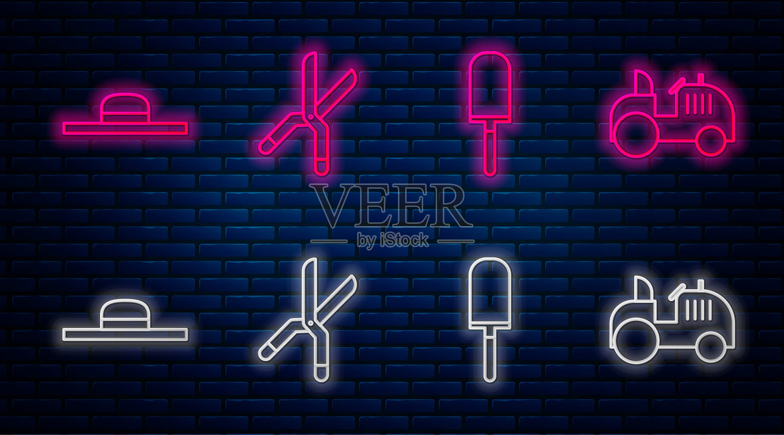 设置线园艺手工剪刀，花园泥铲铲或铁锹，工人帽和拖拉机。砖墙上发光的霓虹灯图标。向量插画图片素材