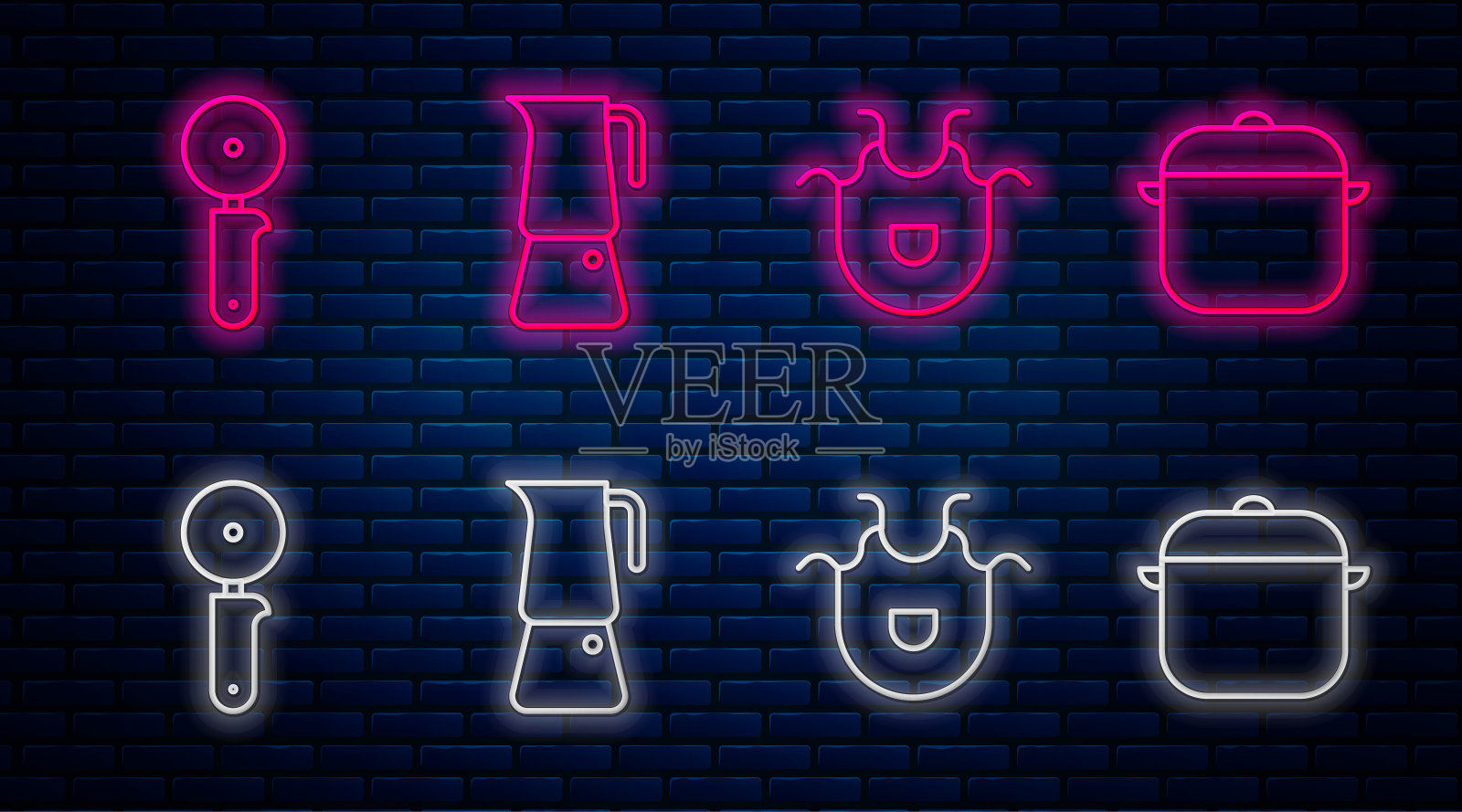 Moka锅，厨房围裙，披萨刀和烹饪锅，砖墙上发光的霓虹灯图标。向量图标素材