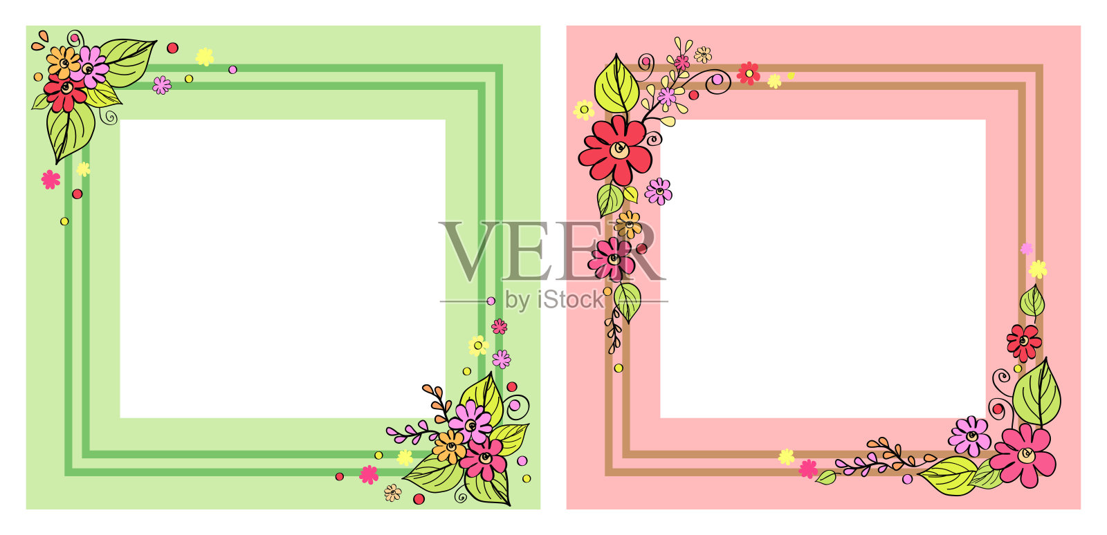 在粉红色和绿色矢量的照片框架的集合插画图片素材