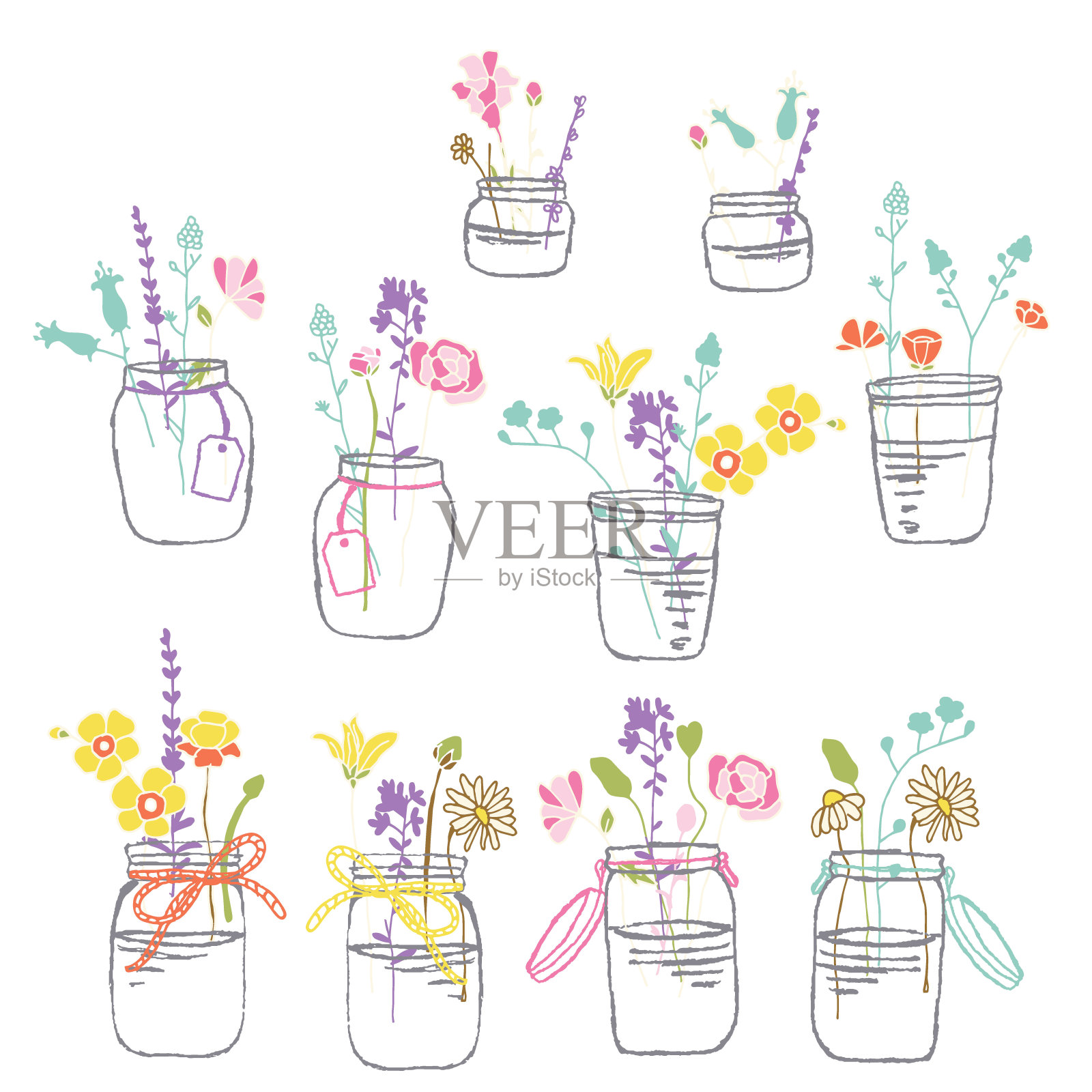 Mason Jars中的Flower Twigs向量隔离元素集插画图片素材