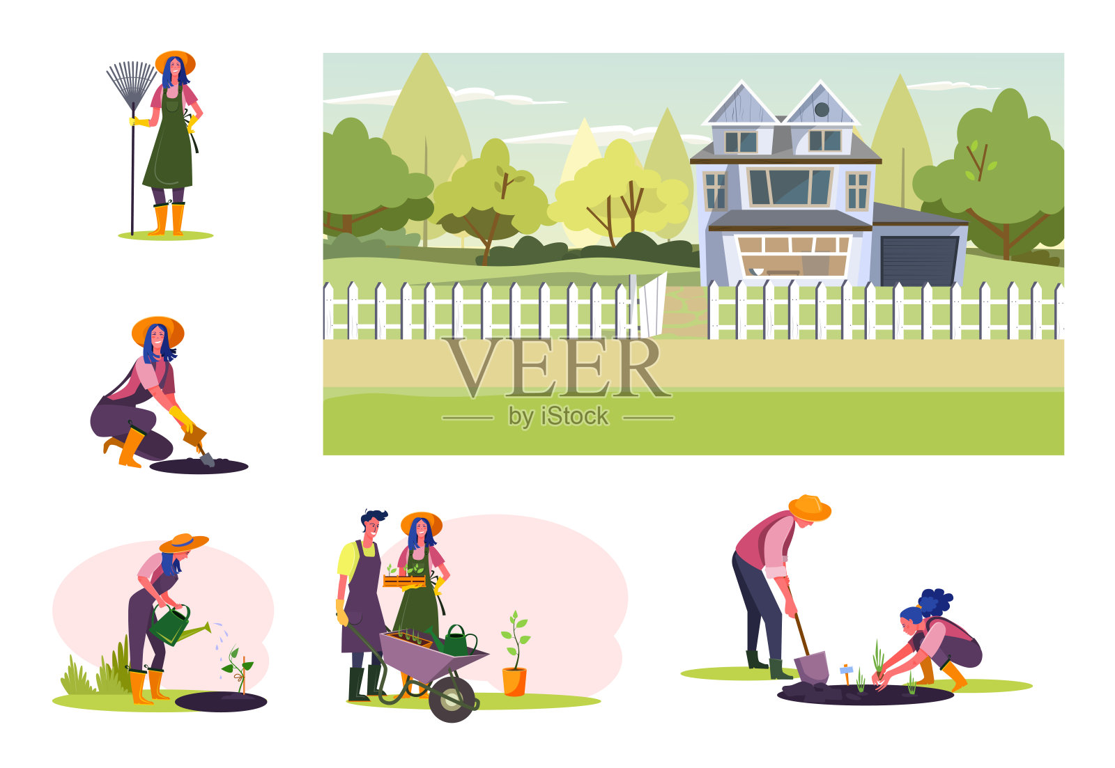 一群在果园干活的年轻农场主插画图片素材