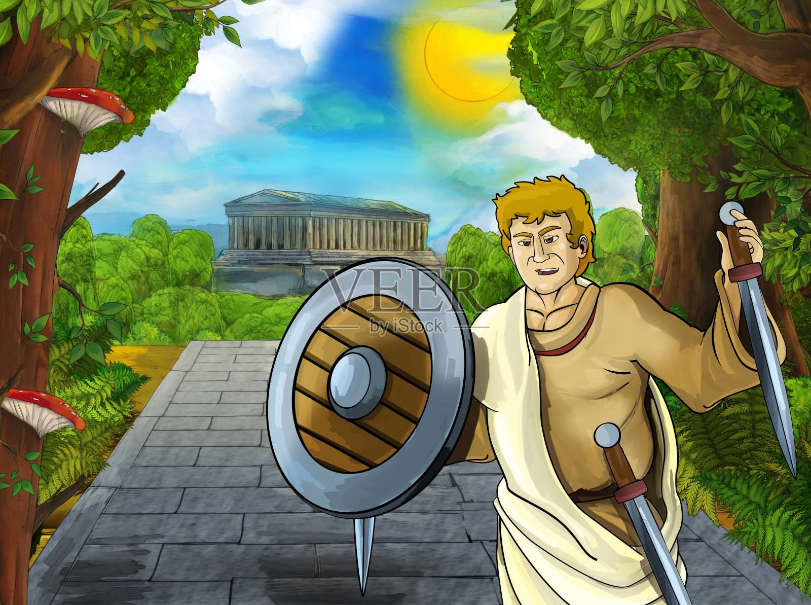 卡通场景与罗马或希腊古代人物附近的一些古老的建筑，如神庙在城市的道路上设计模板素材