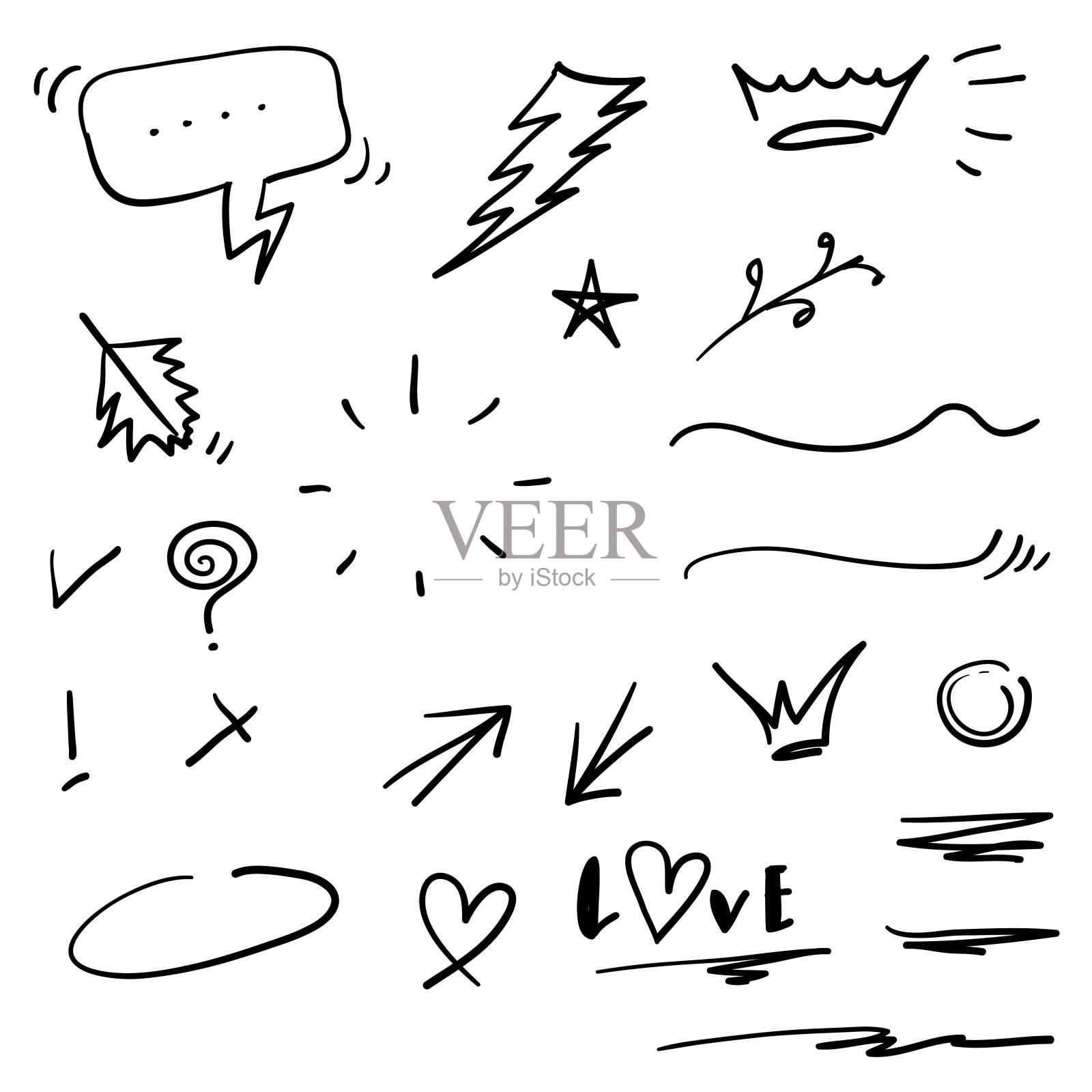 嗖嗖、俯冲、强调、涂鸦。高亮文字元素，书法漩涡，花尾，花心，涂鸦皇冠。涂鸦handdrawn风格设计元素图片