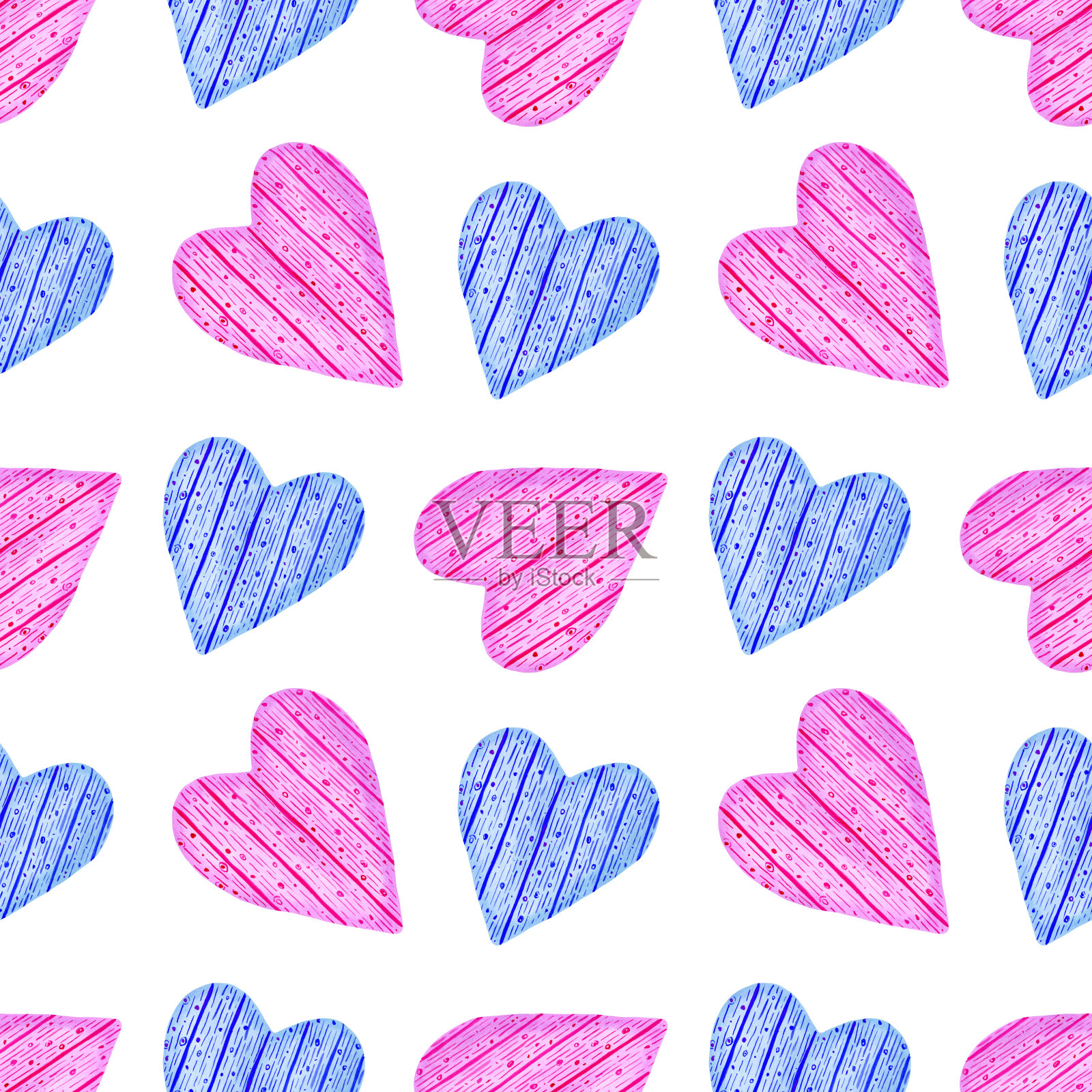 水彩无缝模式与粉红色和蓝色的心插画图片素材