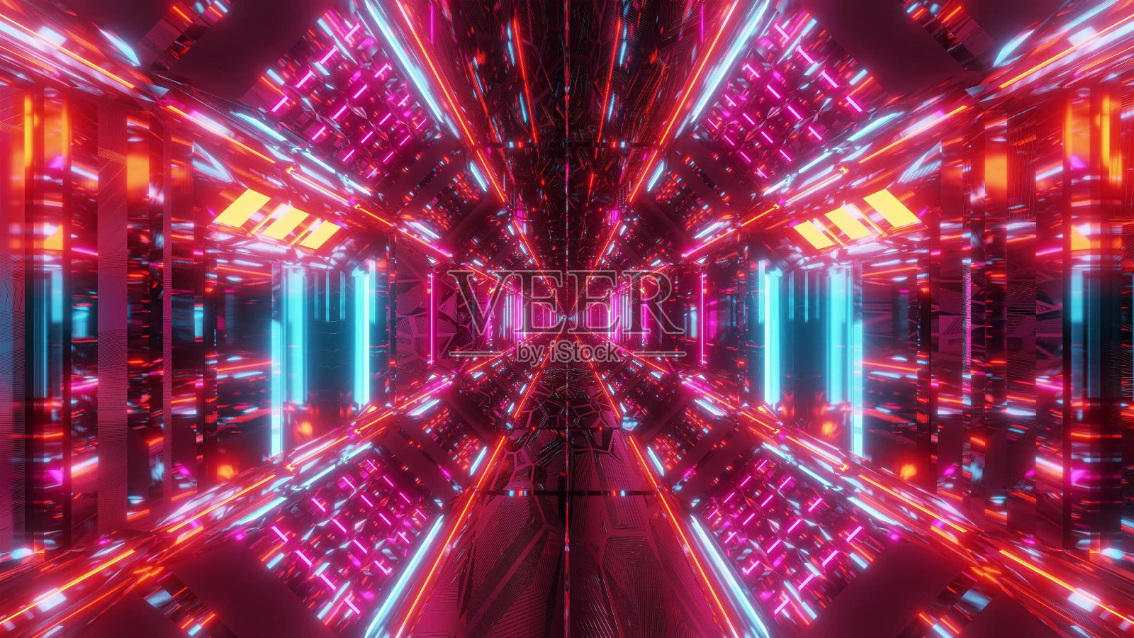 高反射发光的科幻隧道走廊与未来的灯光和反射3d插图背景墙纸照片摄影图片