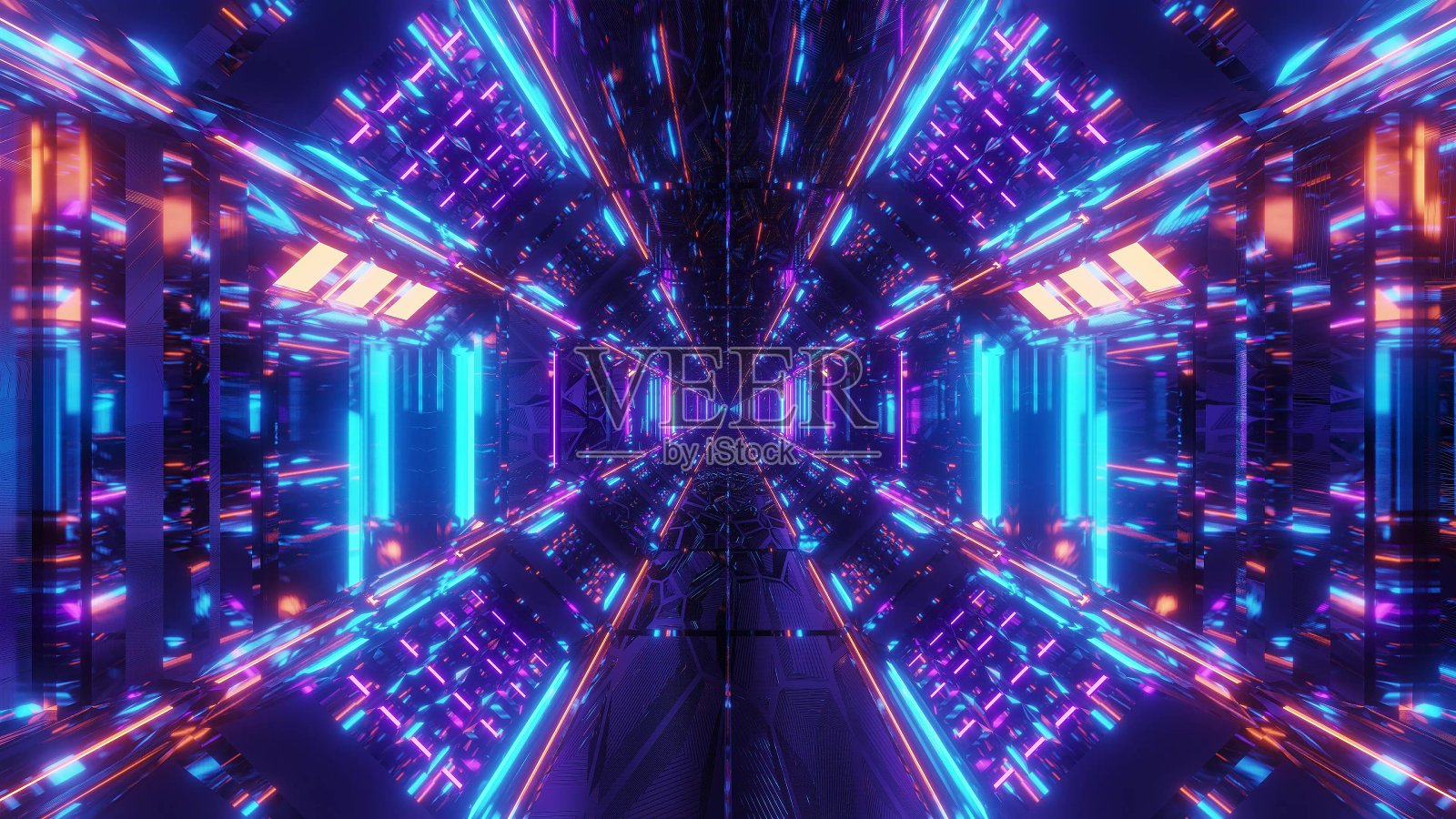 高反射发光的科幻隧道走廊与未来的灯光和反射3d插图背景墙纸照片摄影图片