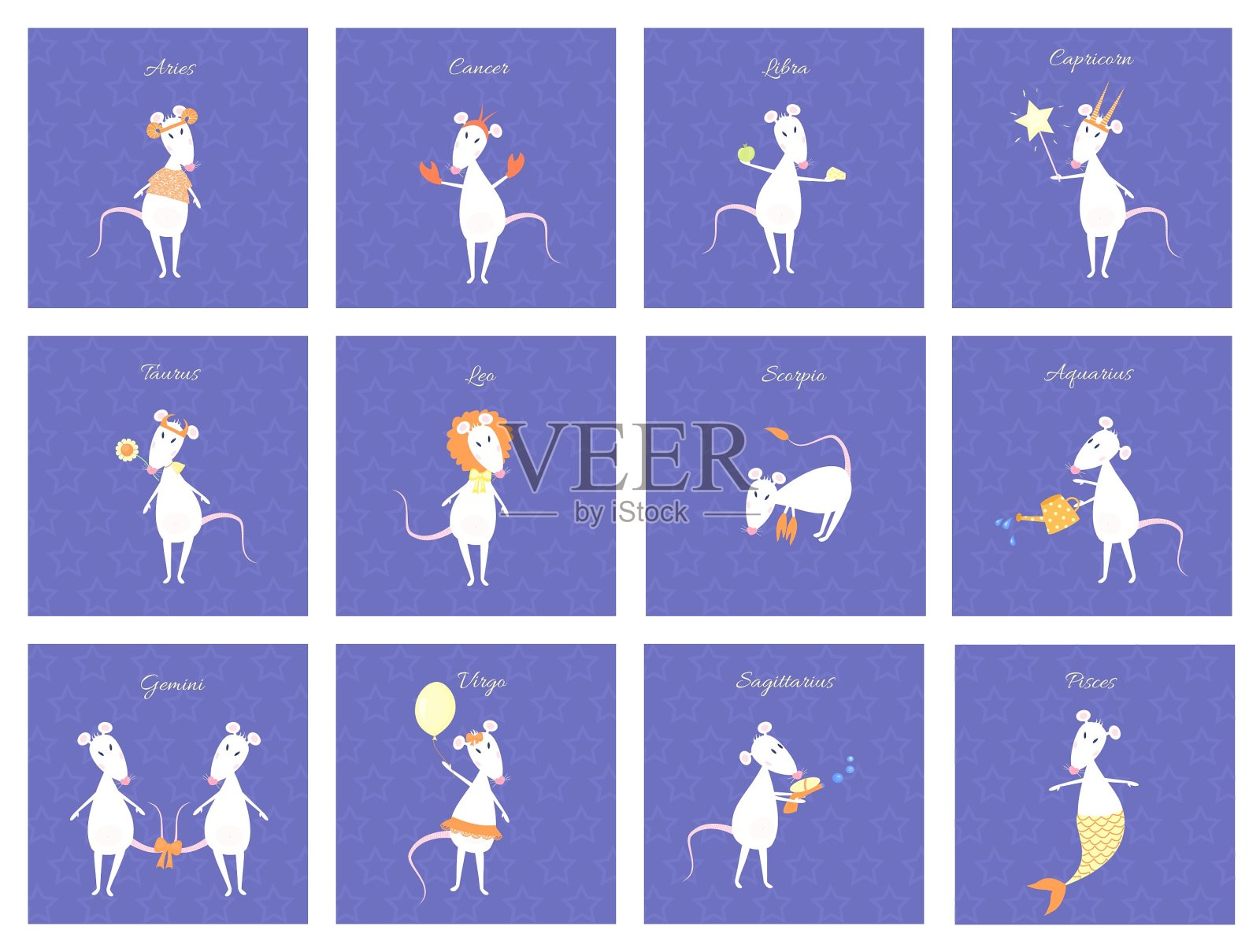 一套有趣和可爱的卡通矢量生肖与白色的老鼠或老鼠的符号2020年。白羊座、金牛座、双子座、巨蟹座、狮子座、处女座、天秤座、天蝎座、射手座、摩羯座、水瓶座、双鱼座。设计元素图片