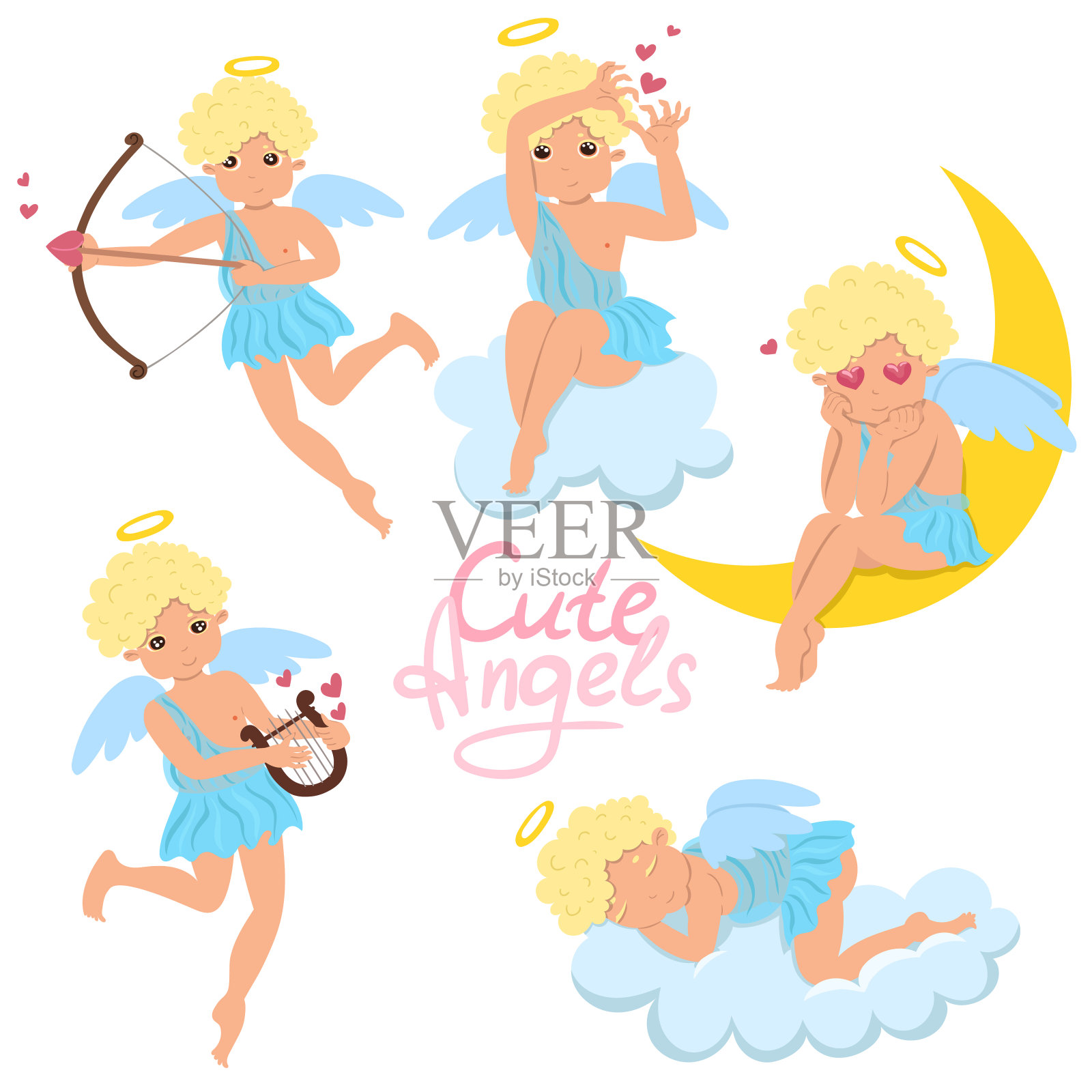 一组可爱的天使孤立在一个白色的背景。矢量图形。插画图片素材