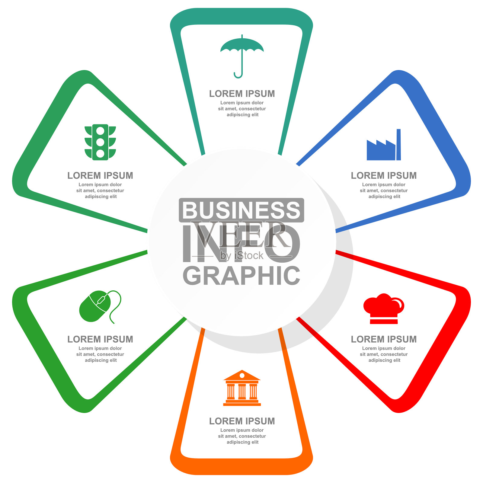 商业，工业和教育图表，平面设计圆形信息图矢量模板，6个选项的web演示设计模板素材