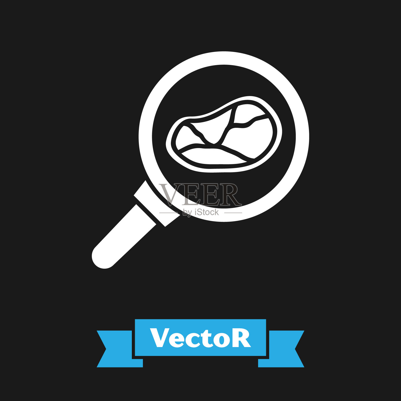 白牛排肉在煎锅图标孤立在黑色背景。矢量图插画图片素材