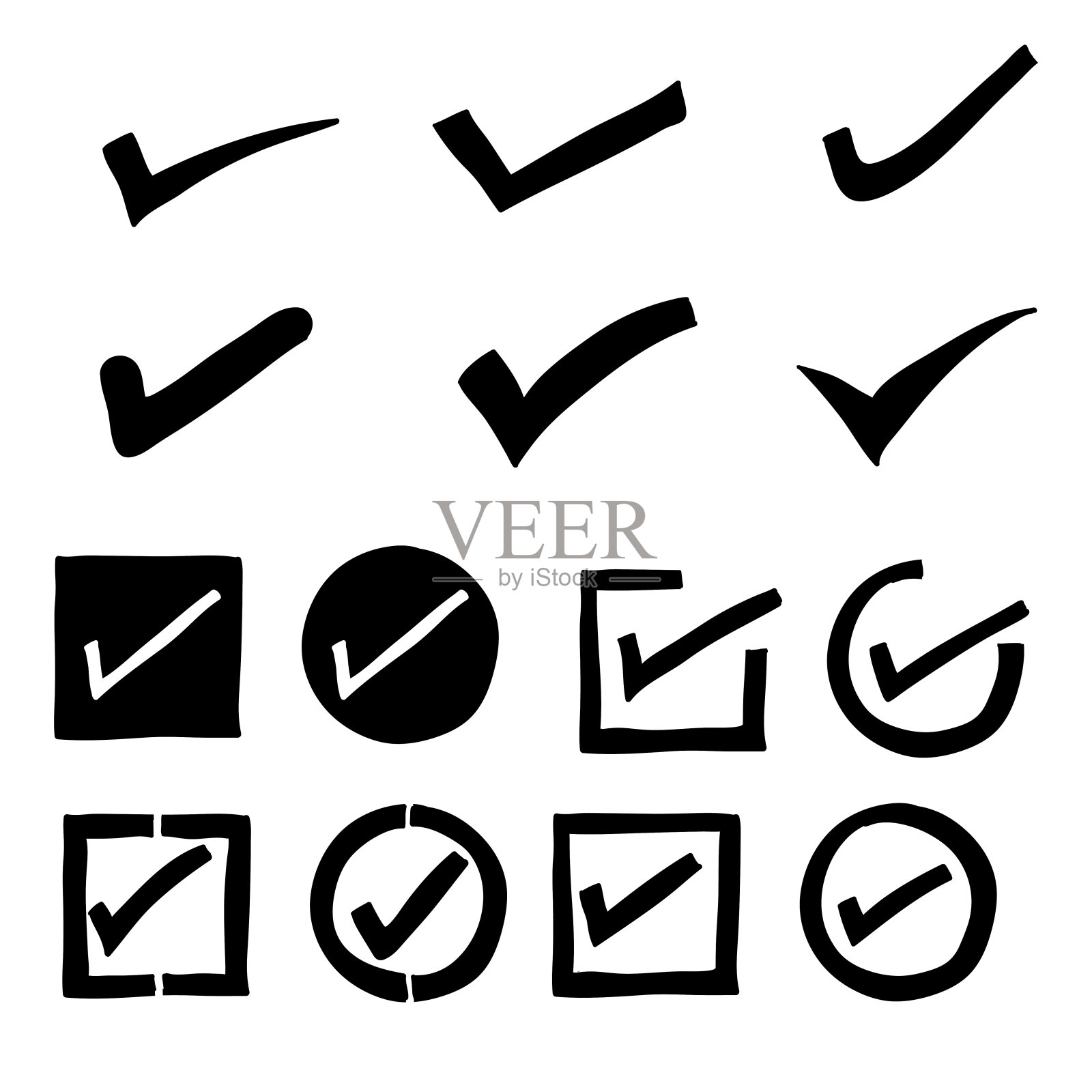 收集手绘检查标志孤立在白色背景与涂鸦风格设计元素图片