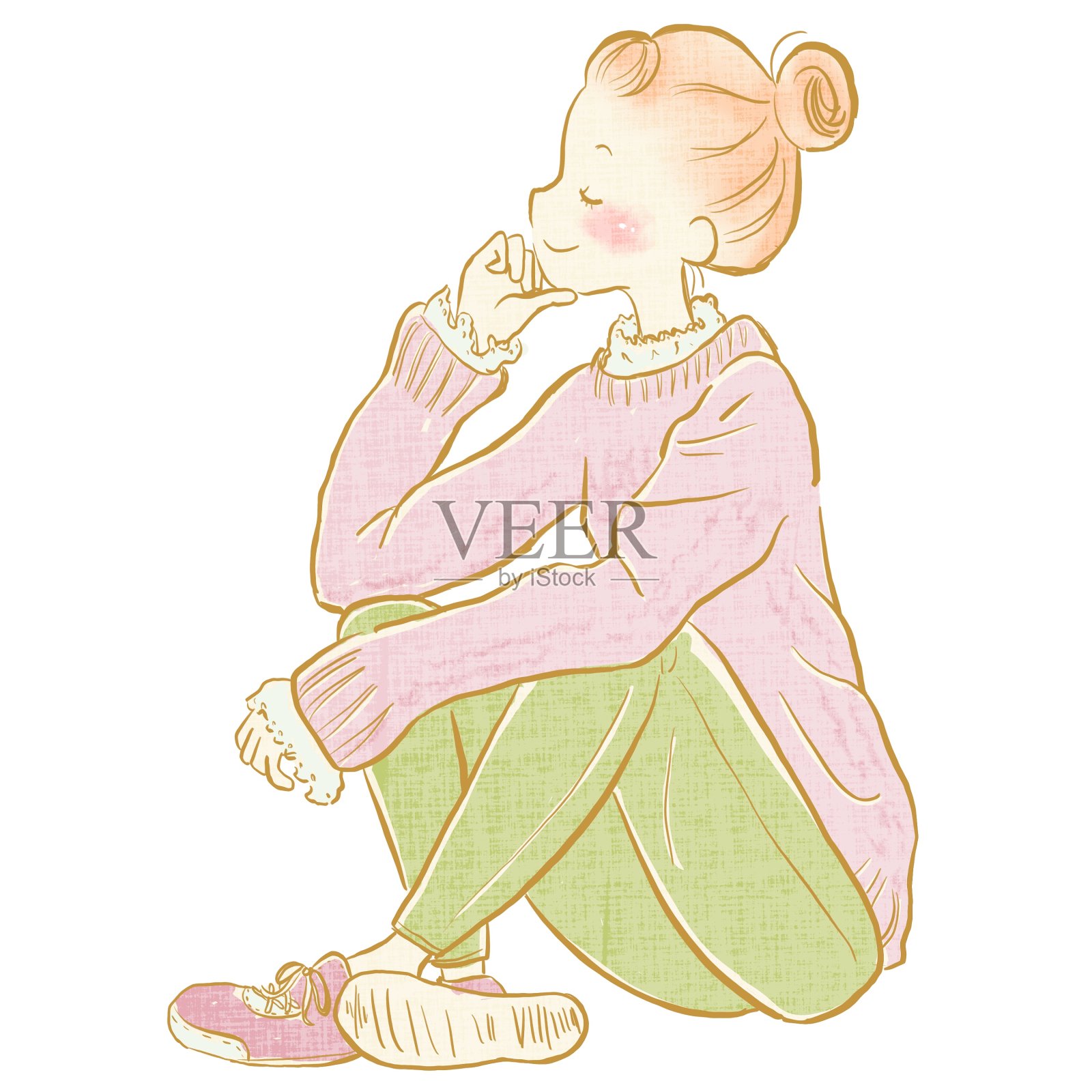 女子坐在地上，白色背景上有一幅全身像插画图片素材