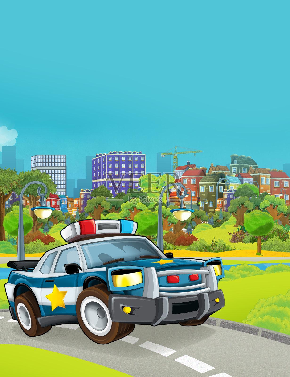 一辆警车在路上的卡通场景插画图片素材