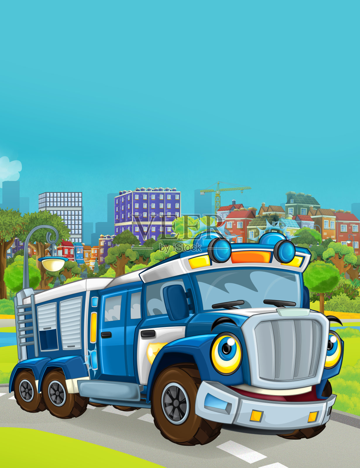 一辆警车在路上的卡通场景插画图片素材