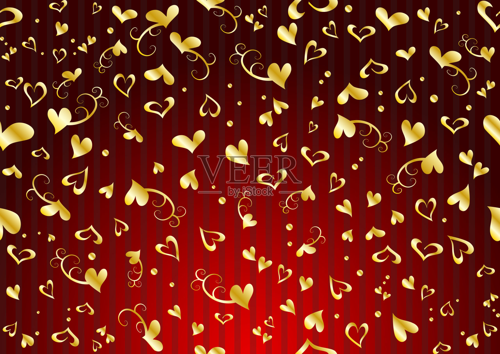 红色条纹背景和金色心形图案装饰插画图片素材