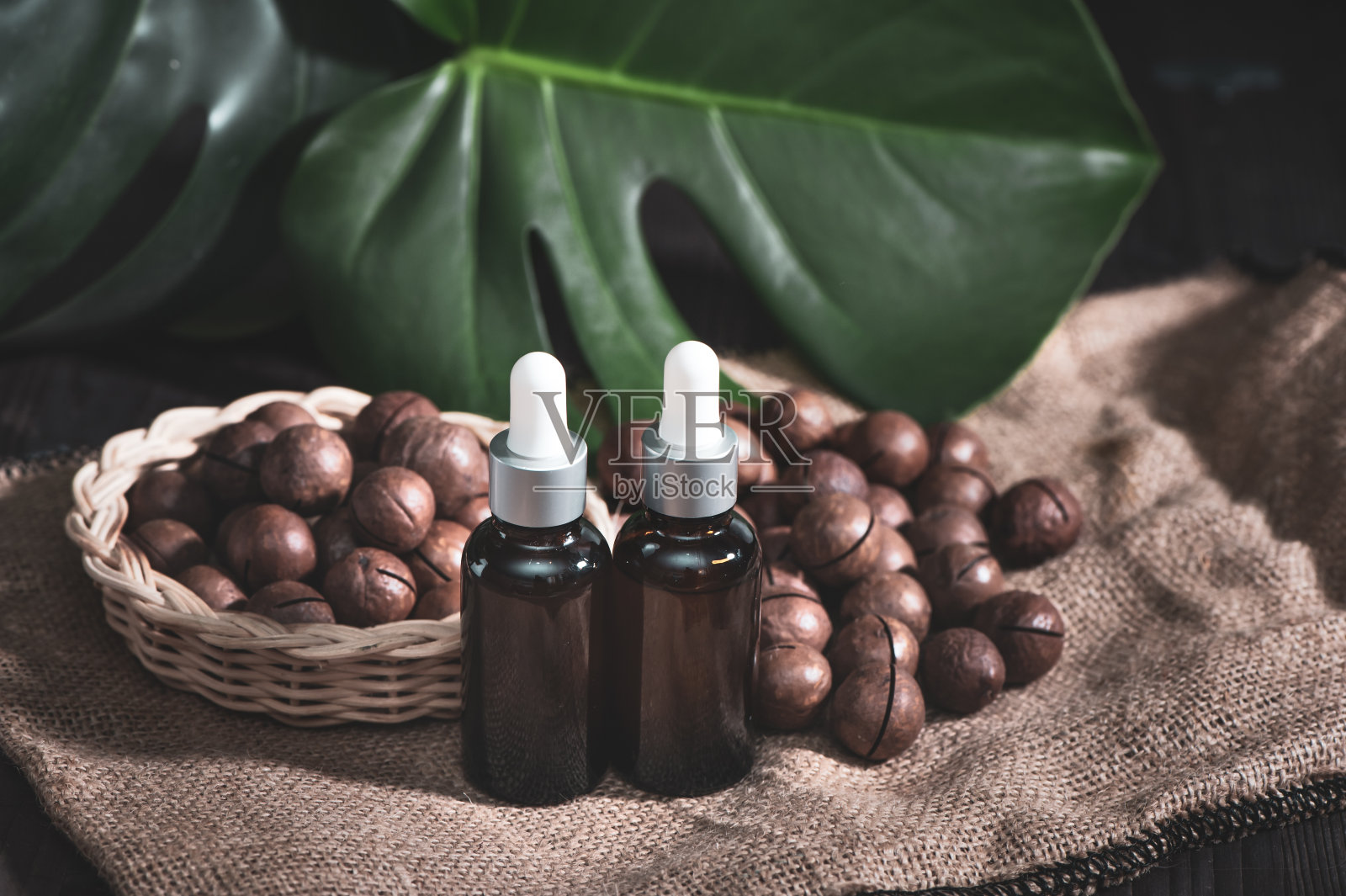 澳洲坚果油在瓶子和澳洲坚果，复古的乡村风格。生物，有机，自然的化妆品概念照片摄影图片