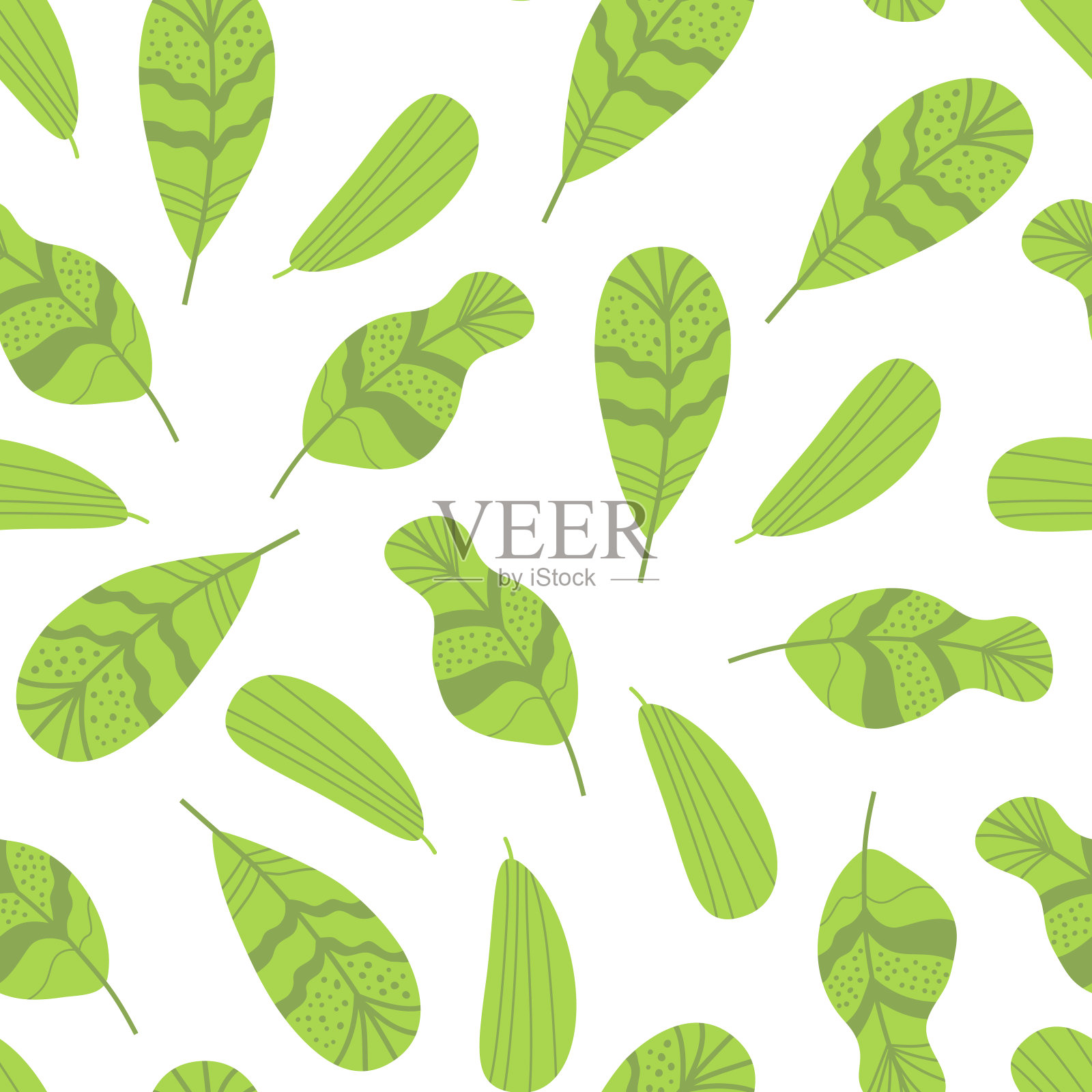 绿色手绘叶子的无缝重复图案背景，天然生态叶子印花插画图片素材