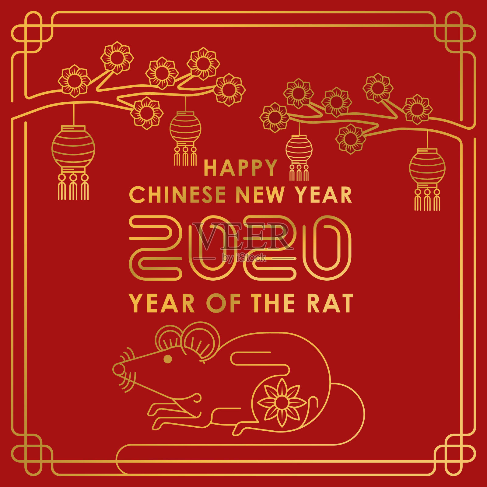 中国新年2020彩色矢量文本孤立在红色背景插画图片素材