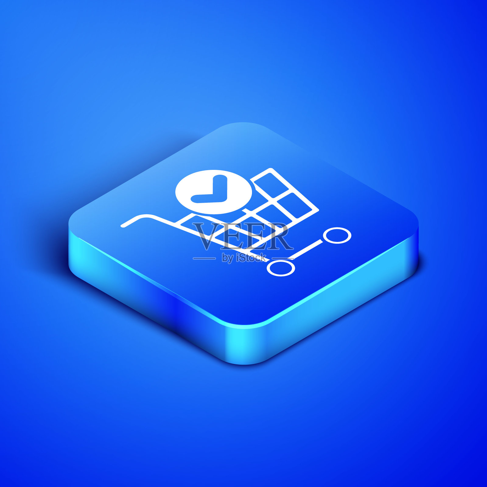 等距购物车与检查标志图标隔离在蓝色背景。超市购物篮与批准，确认，完成，勾，完成。蓝色方块按钮。矢量图设计元素图片