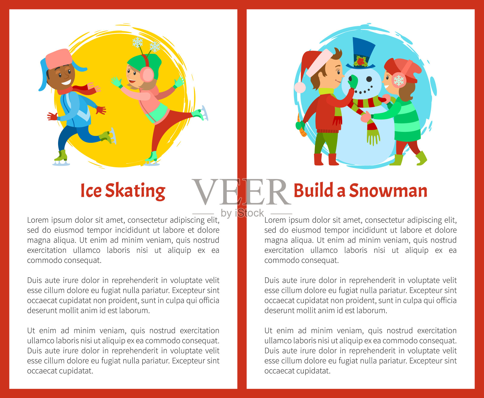 溜冰和堆雪人明信片，孩子们设计模板素材
