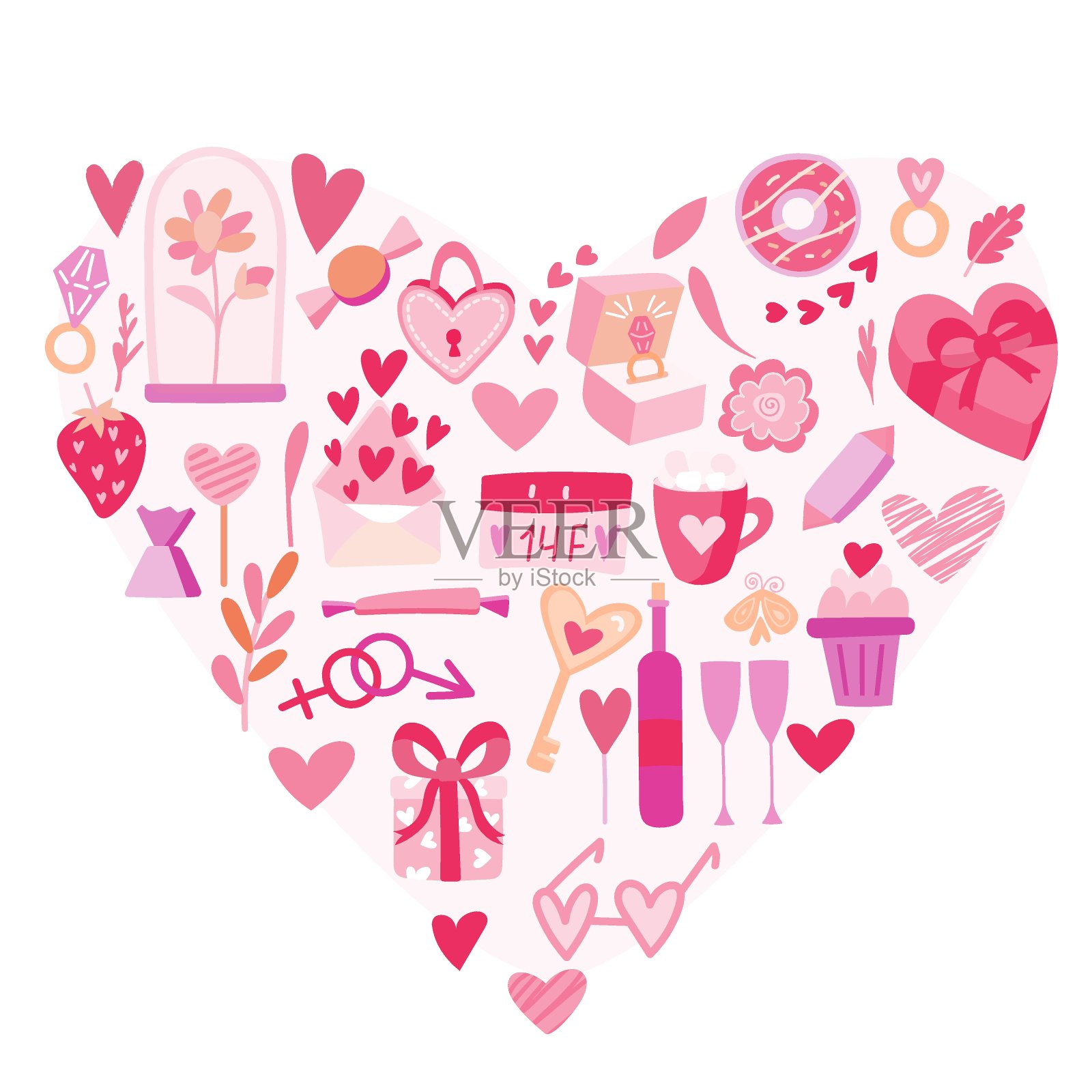 Mega set的矢量扁平情人节插图。贺卡背景，包装，假日设计，婚礼，订婚。粉色的心形和爱的象征。插画图片素材