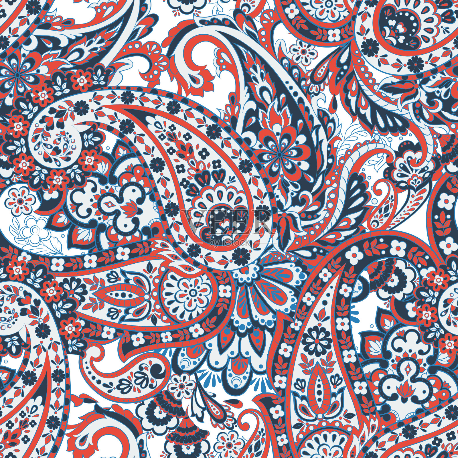 无缝图案与佩斯利装饰。矢量花插图在亚洲纺织风格插画图片素材