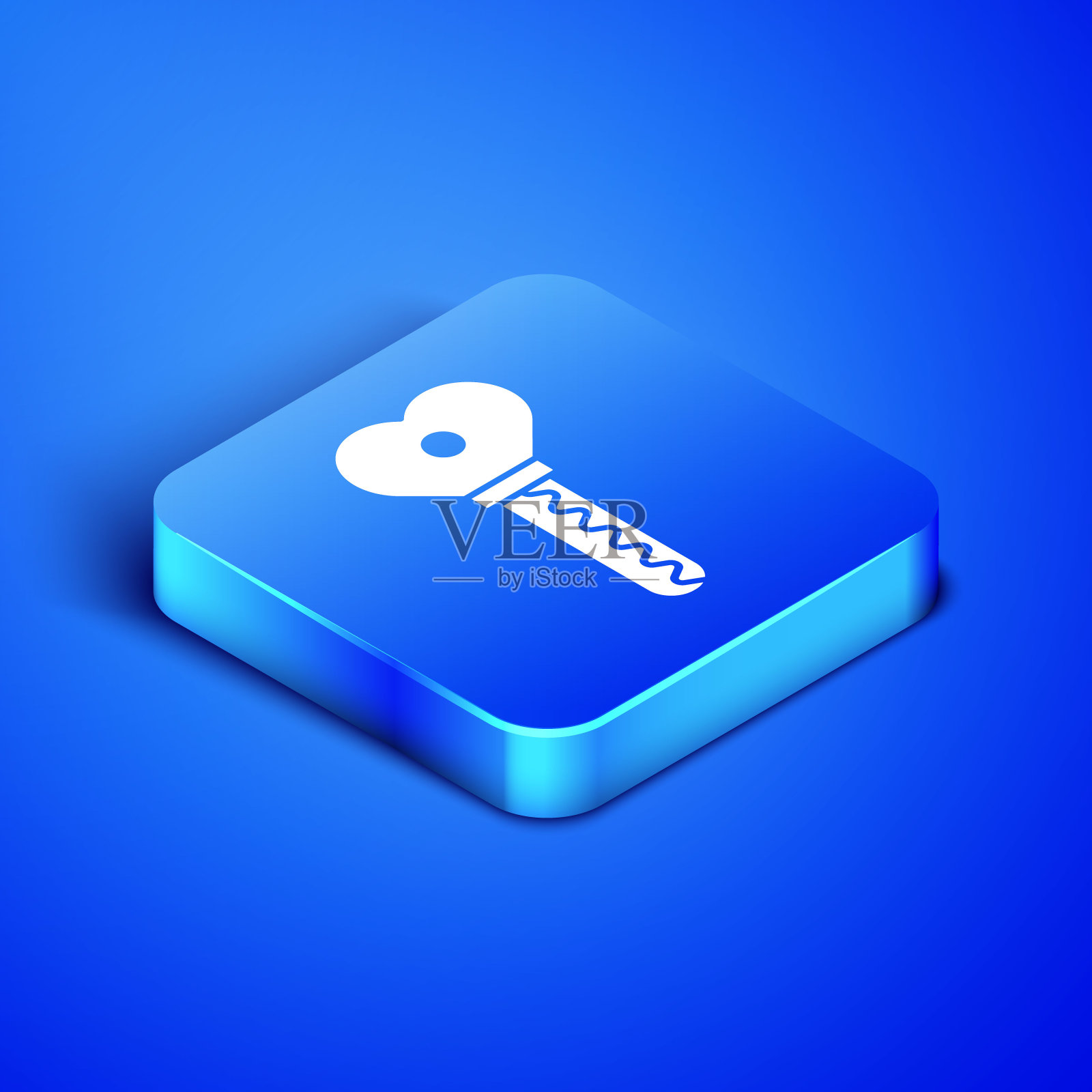 等距键心形图标孤立在蓝色背景。情人节。蓝色方块按钮。矢量图图标素材