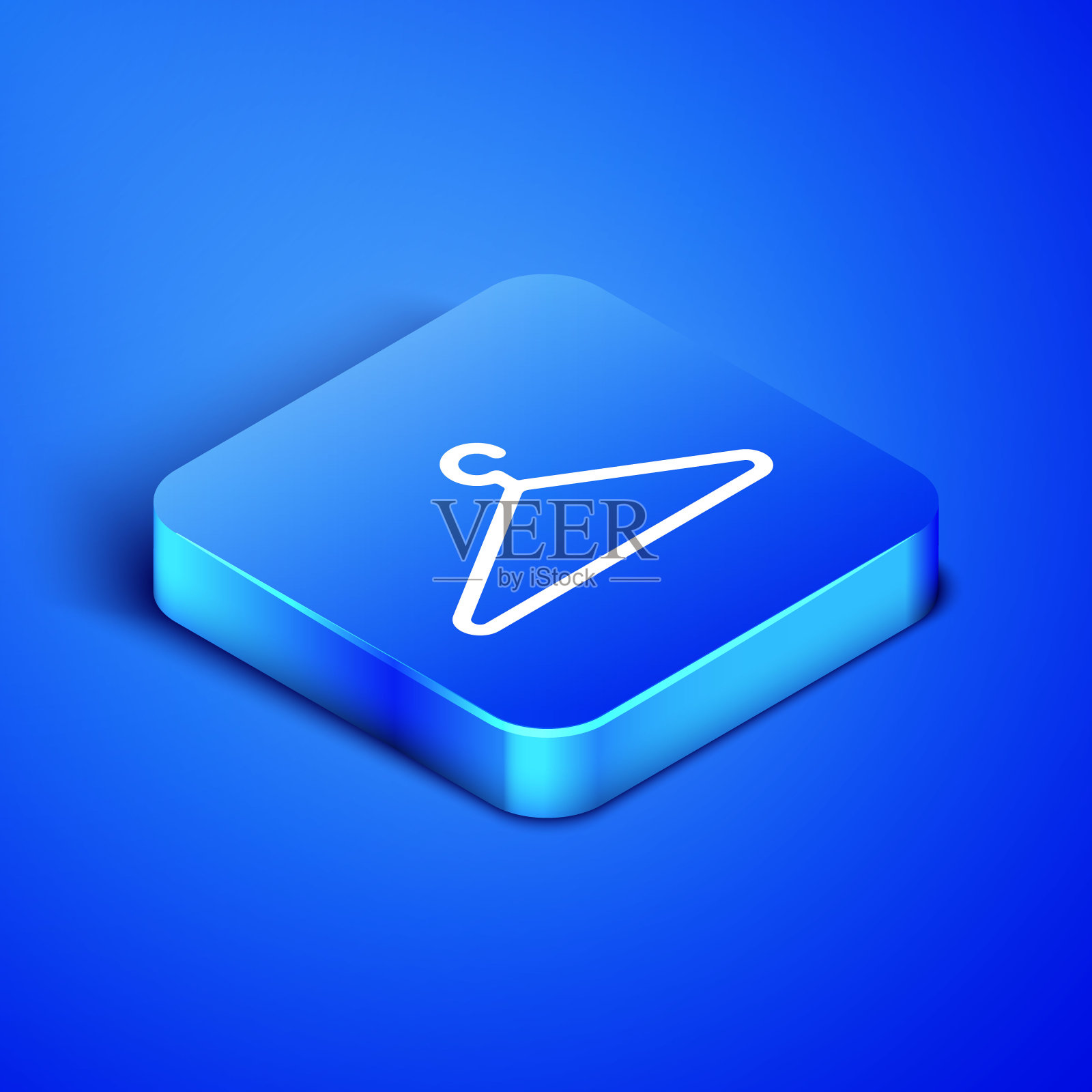 等距衣架衣柜图标孤立在蓝色背景。衣帽间图标。衣服服务的象征。衣服衣架的迹象。蓝色方块按钮。矢量图图标素材