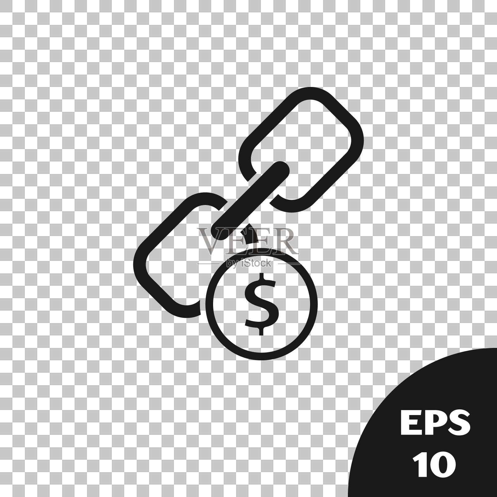 黑链链接和硬币图标孤立在透明的背景。单一的链接。超链接链的象征。矢量图插画图片素材